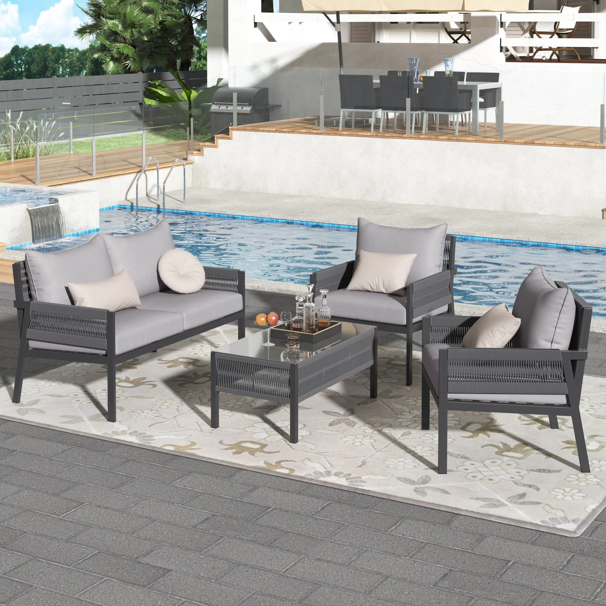 Outdoor Patio 4-Piece Rope Patio Furniture Set with Coffee Table
