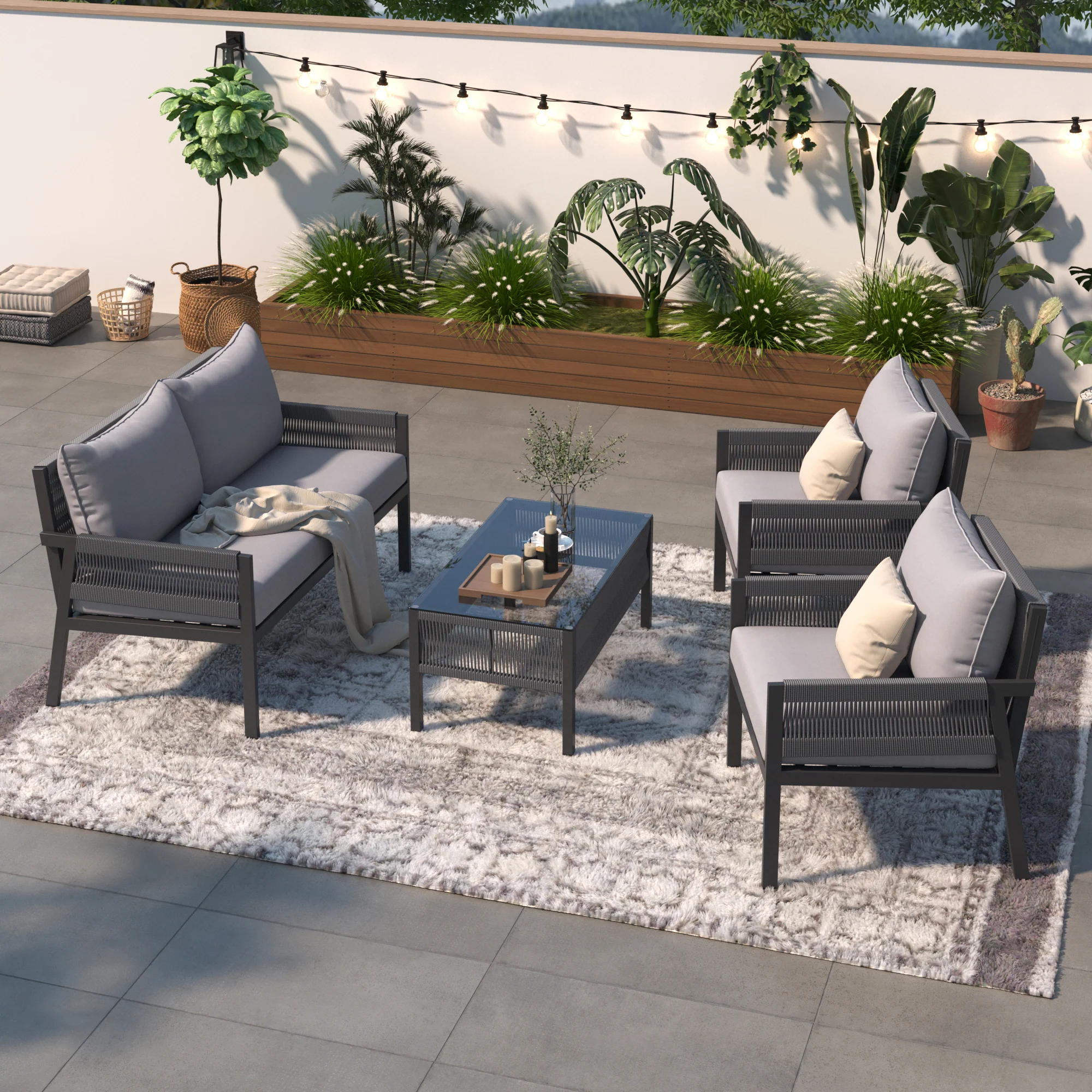 Outdoor Patio 4-Piece Rope Patio Furniture Set with Coffee Table - Image 2