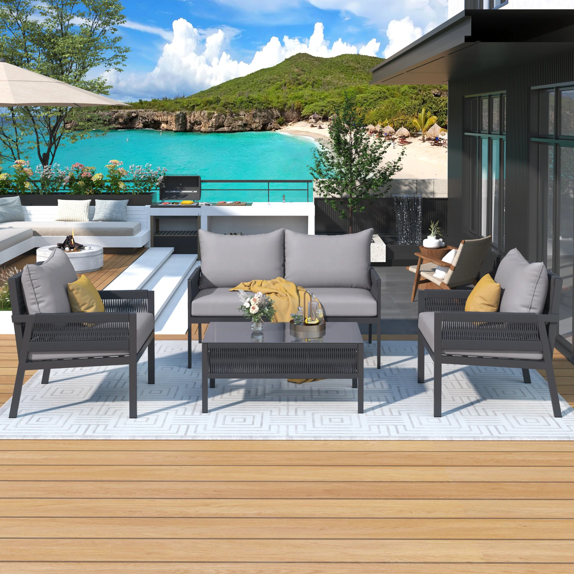 Outdoor Patio 4-Piece Rope Patio Furniture Set with Coffee Table - Image 3