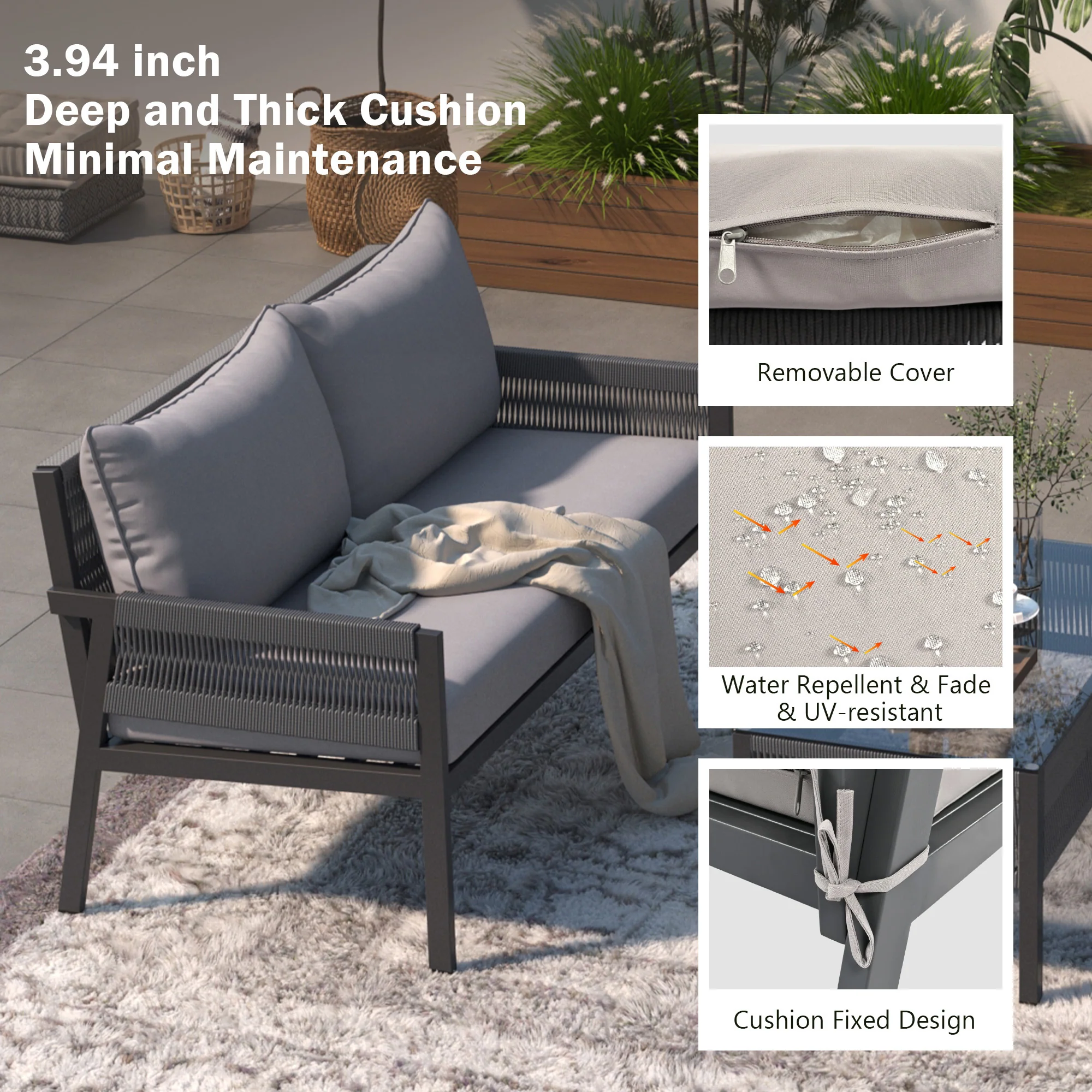 Outdoor Patio 4-Piece Rope Patio Furniture Set with Coffee Table - Image 4