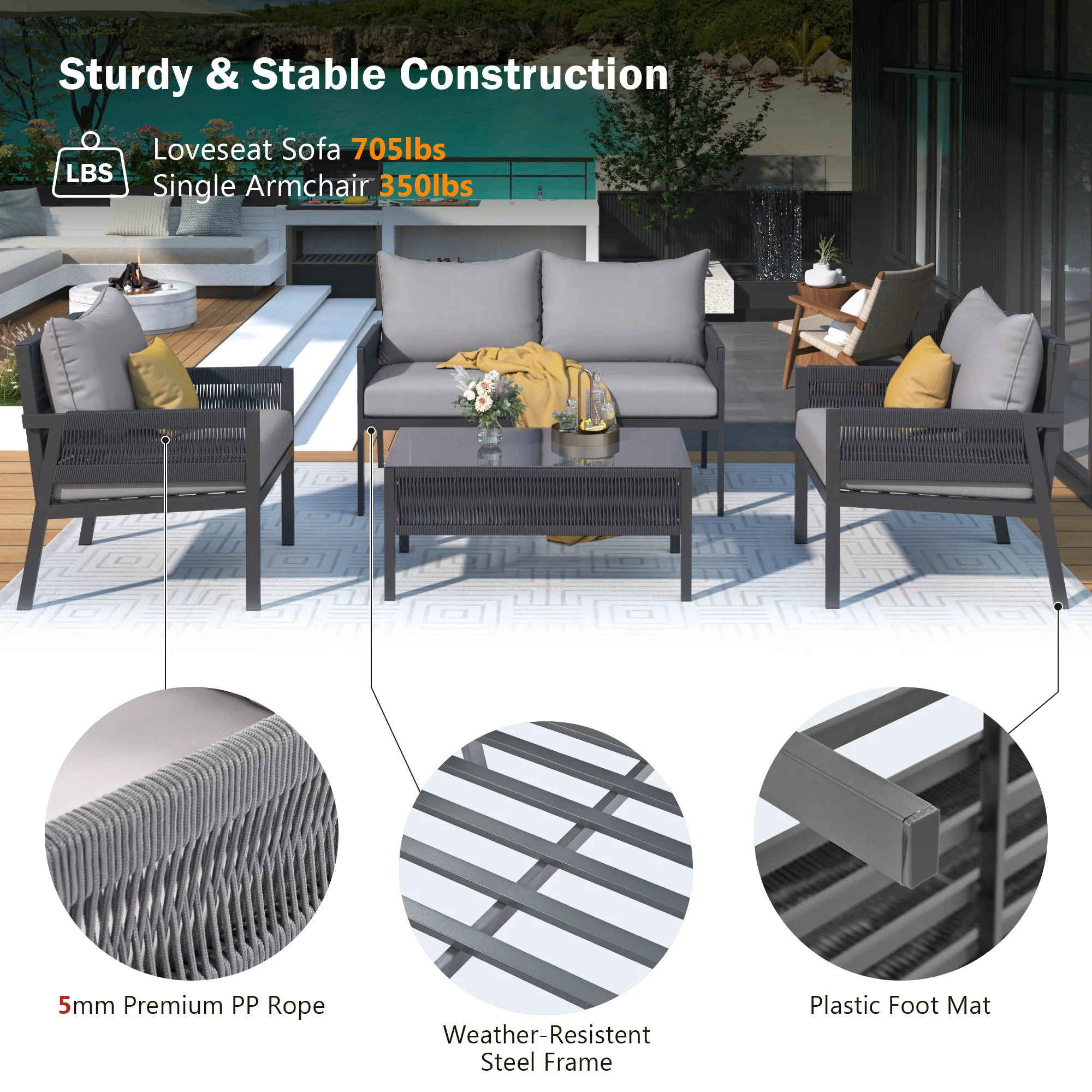 Outdoor Patio 4-Piece Rope Patio Furniture Set with Coffee Table - Image 6