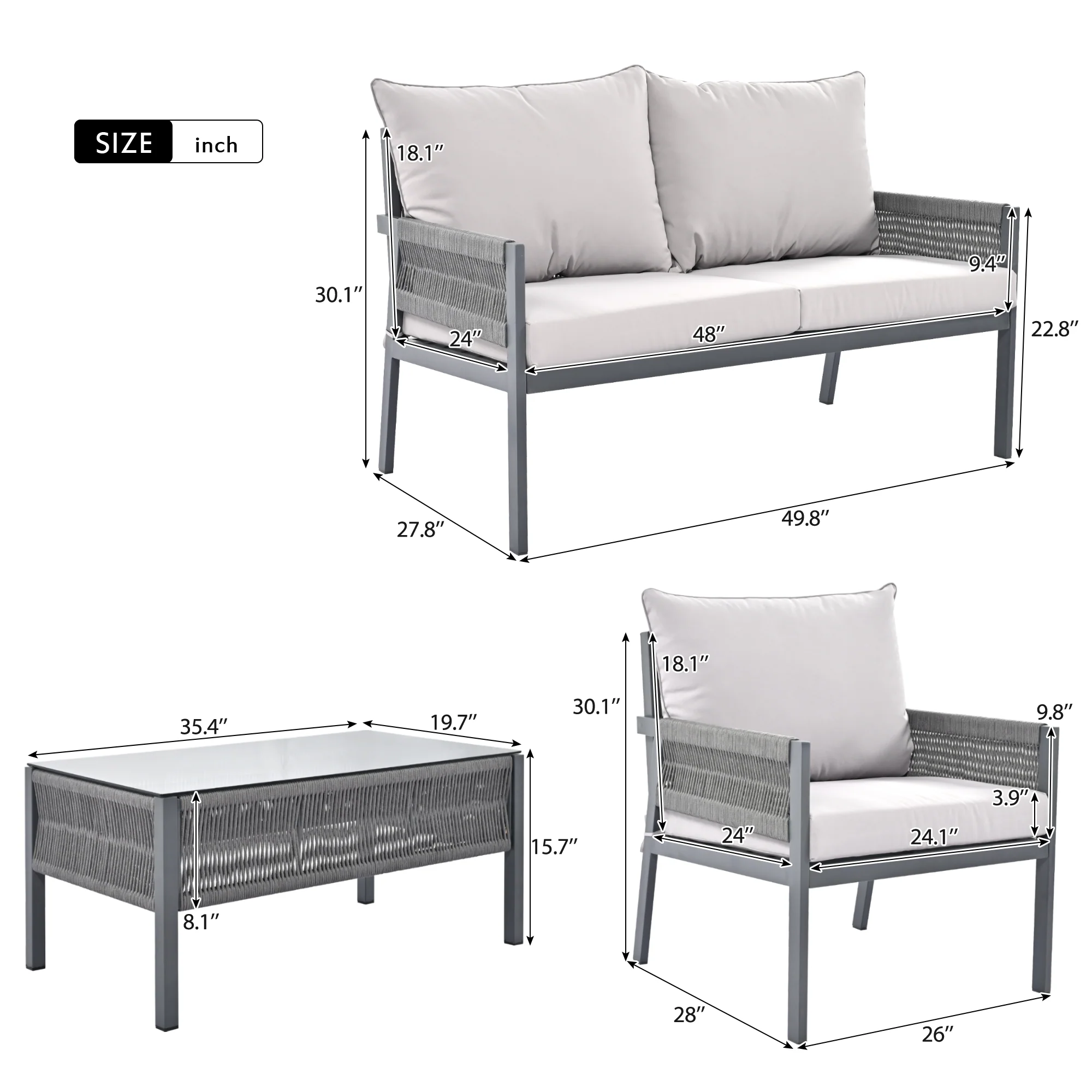 Outdoor Patio 4-Piece Rope Patio Furniture Set with Coffee Table - Image 8