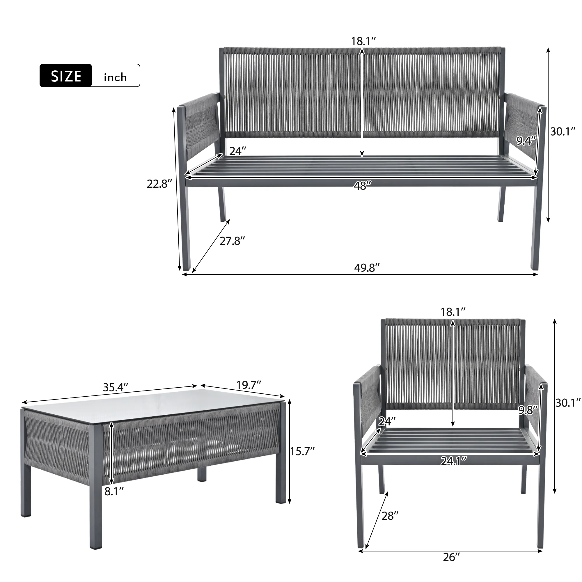 Outdoor Patio 4-Piece Rope Patio Furniture Set with Coffee Table - Image 9