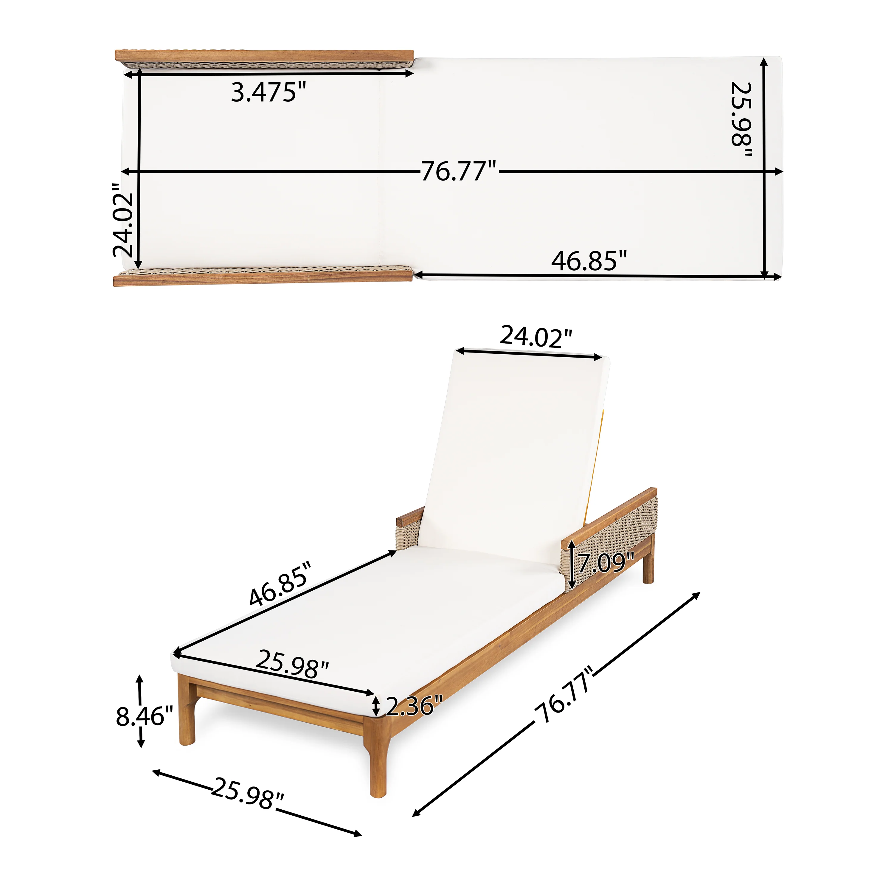 Outdoor Patio Solid Acacia Wood Sun Lounger with Cushions - Image 3