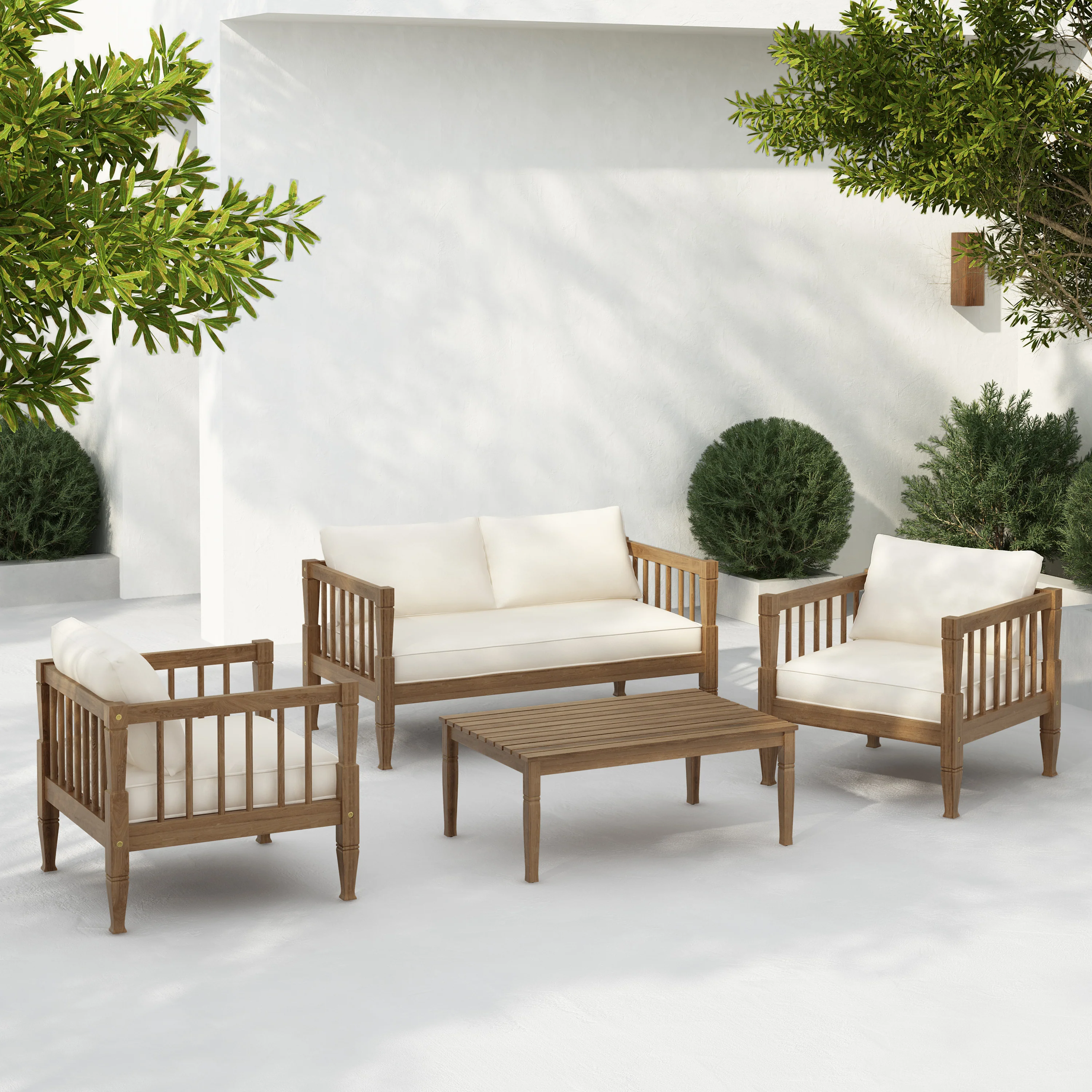 Outdoor Patio Wood 4-Piece Furniture Set with Coffee Table & Cushions