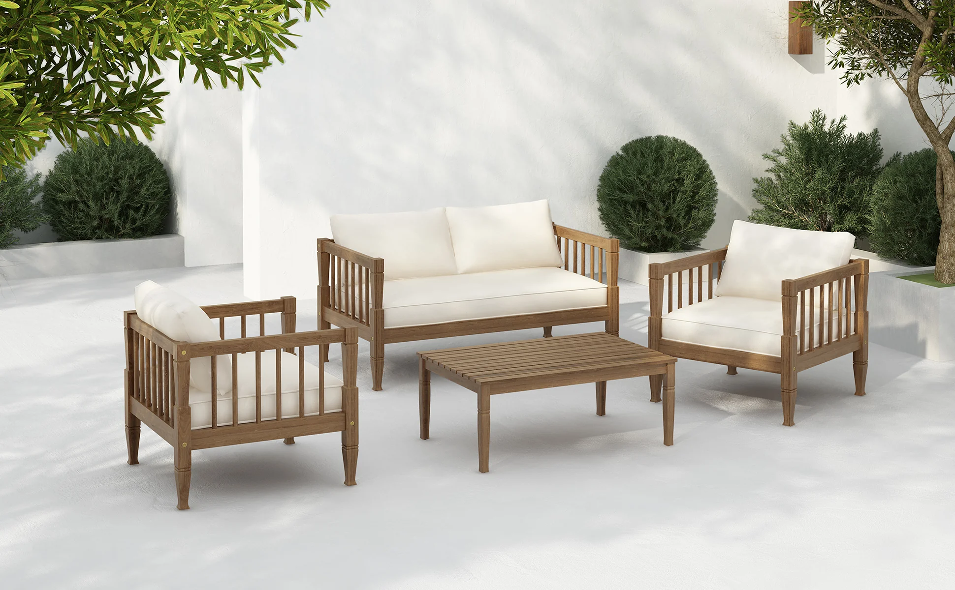 Outdoor Patio Wood 4-Piece Furniture Set with Coffee Table & Cushions - Image 2