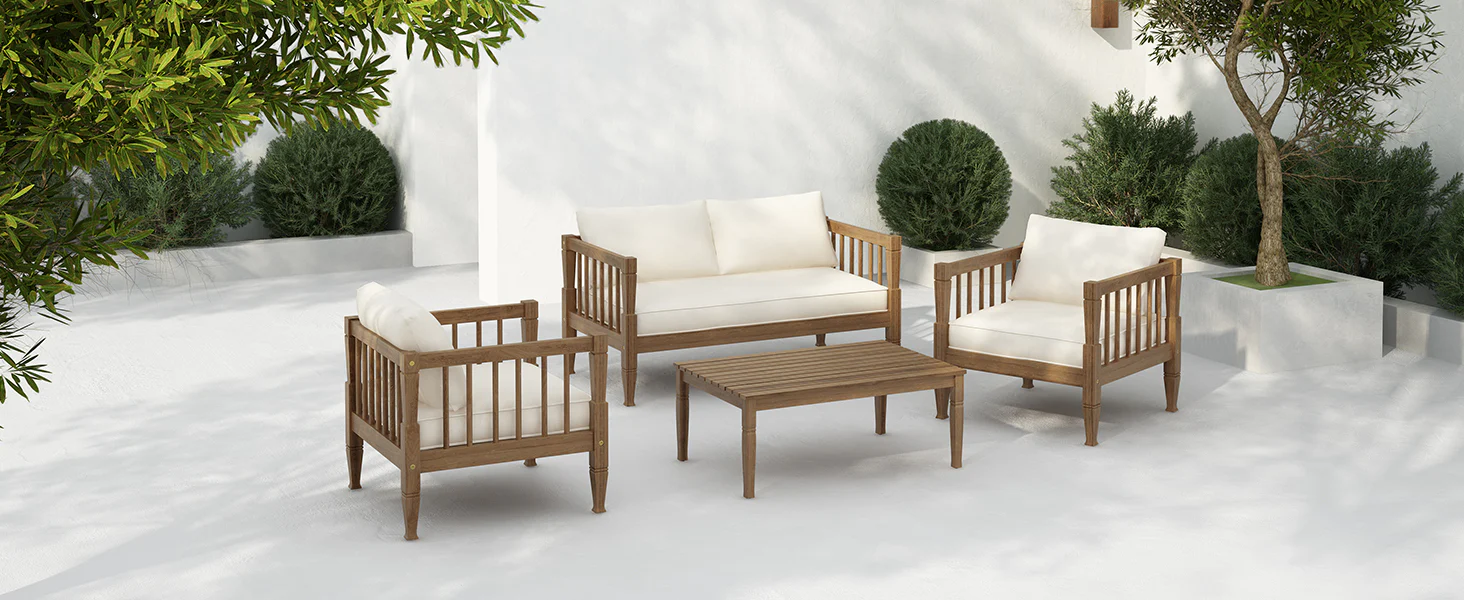 Outdoor Patio Wood 4-Piece Furniture Set with Coffee Table & Cushions - Image 3