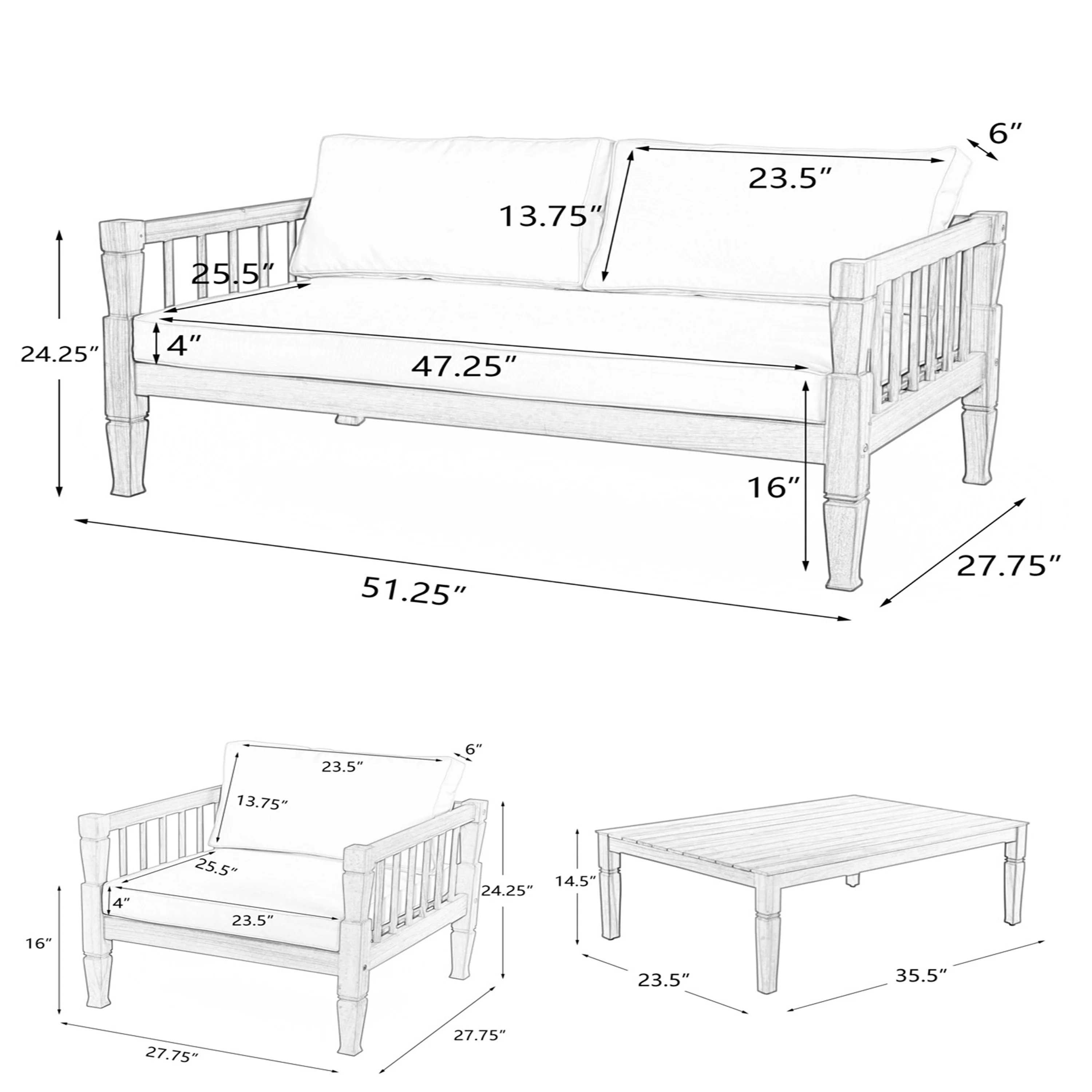 Outdoor Patio Wood 4-Piece Furniture Set with Coffee Table & Cushions - Image 4