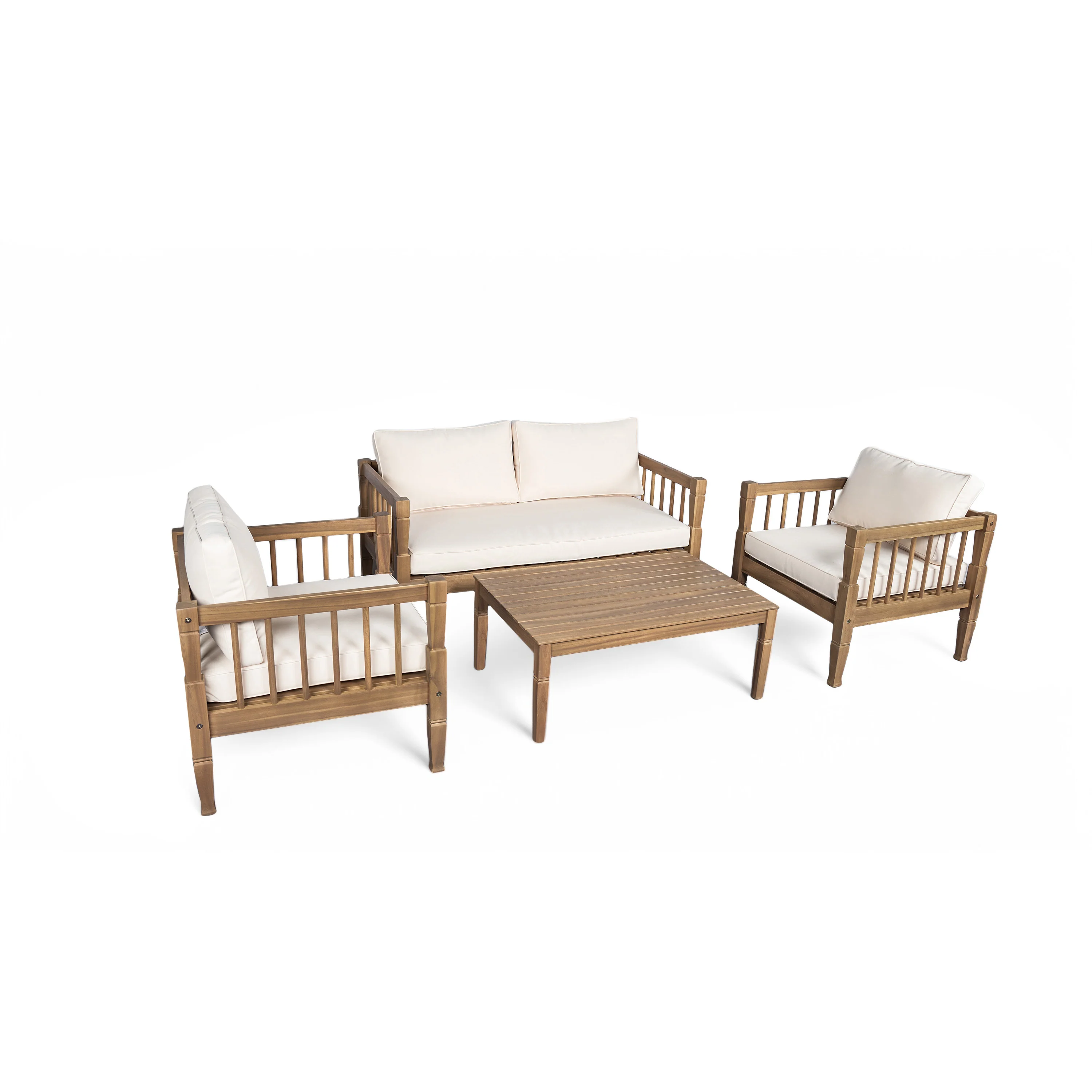Outdoor Patio Wood 4-Piece Furniture Set with Coffee Table & Cushions - Image 5