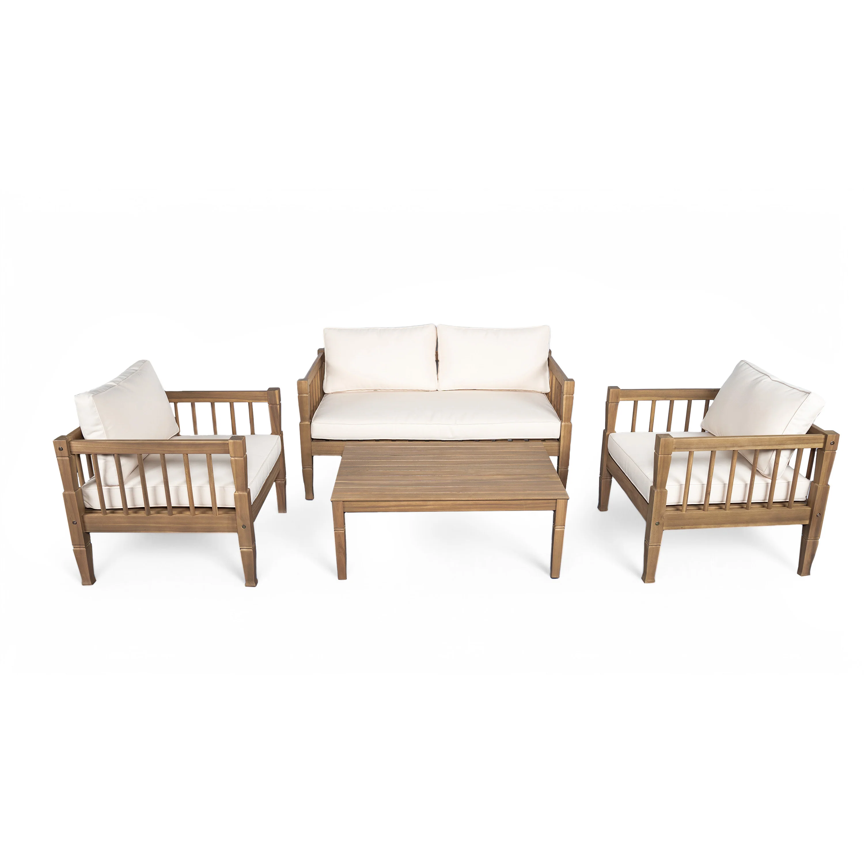 Outdoor Patio Wood 4-Piece Furniture Set with Coffee Table & Cushions - Image 6
