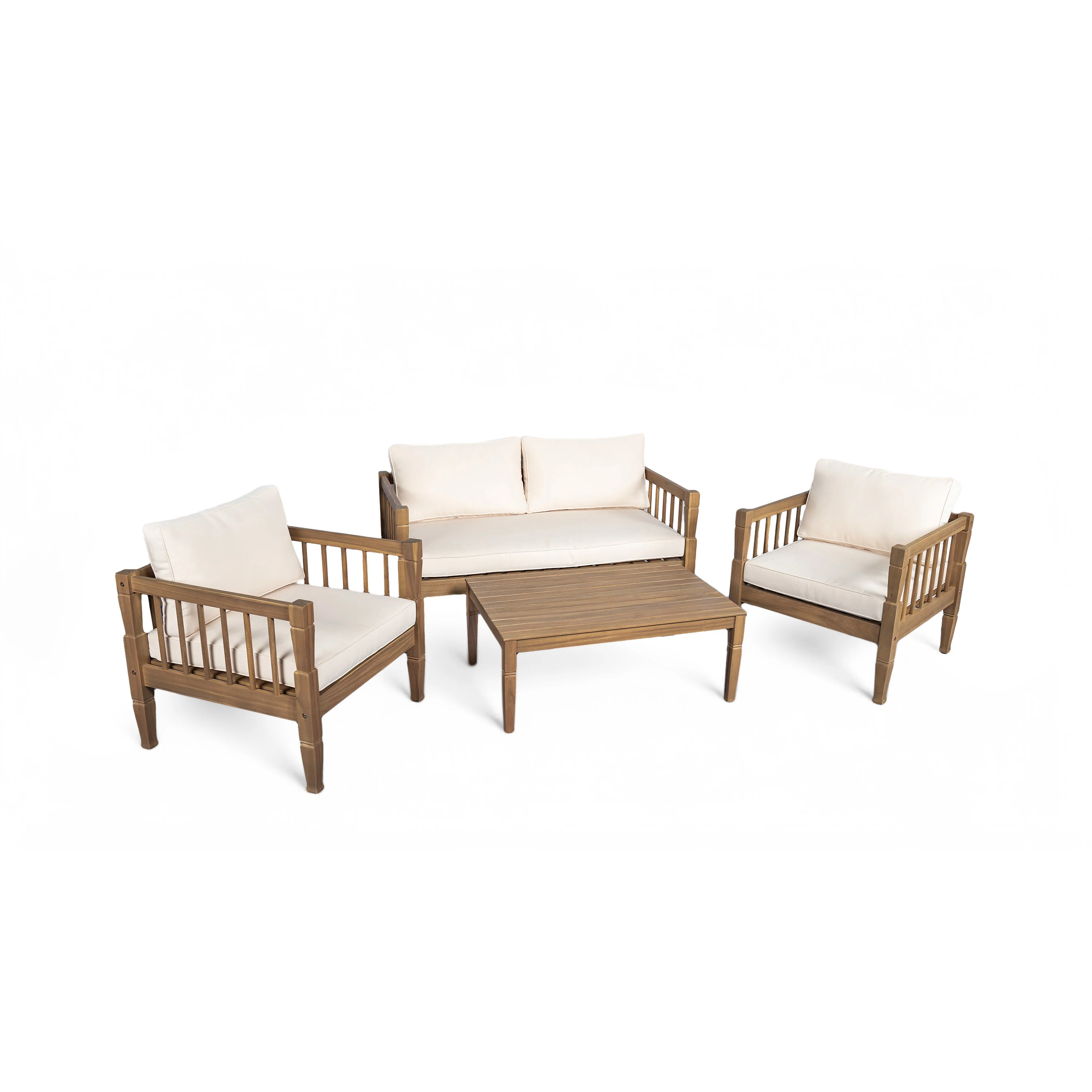 Outdoor Patio Wood 4-Piece Furniture Set with Coffee Table & Cushions - Image 7