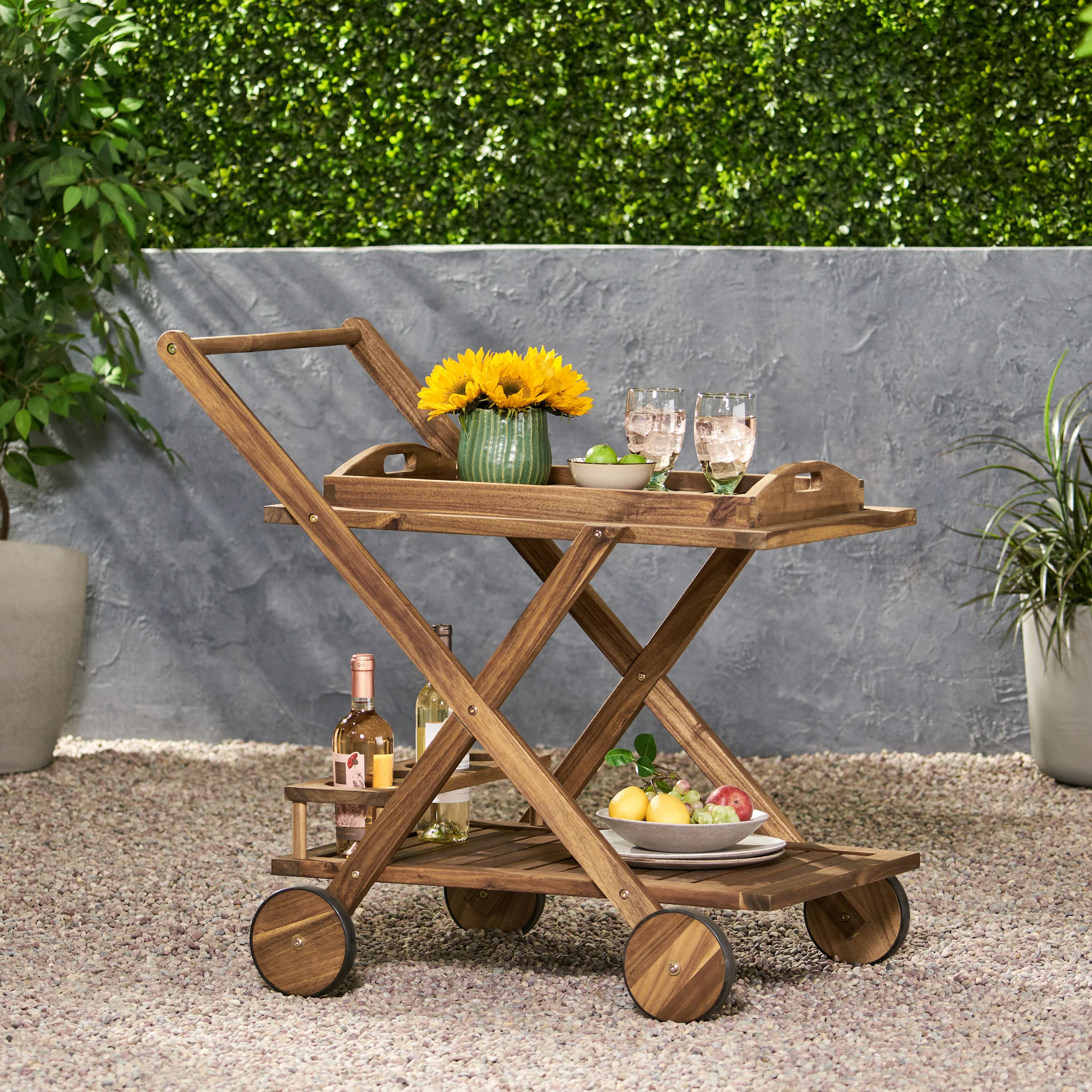 Walker Edison | Outdoor Patio Wood Bar Cart - Image 2