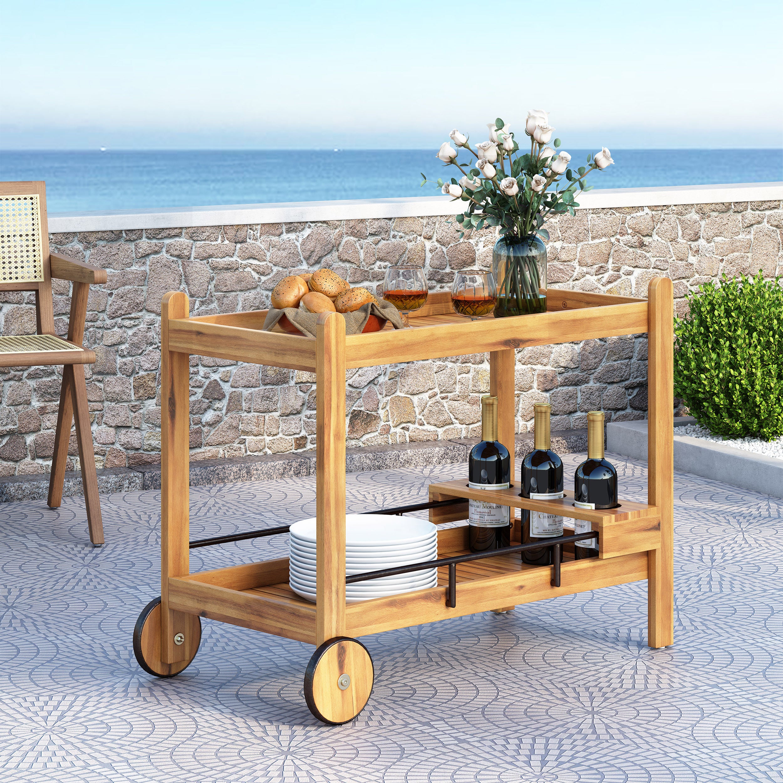 Walker Edison | Outdoor Patio Wood Bar Cart for Storage - Image 3