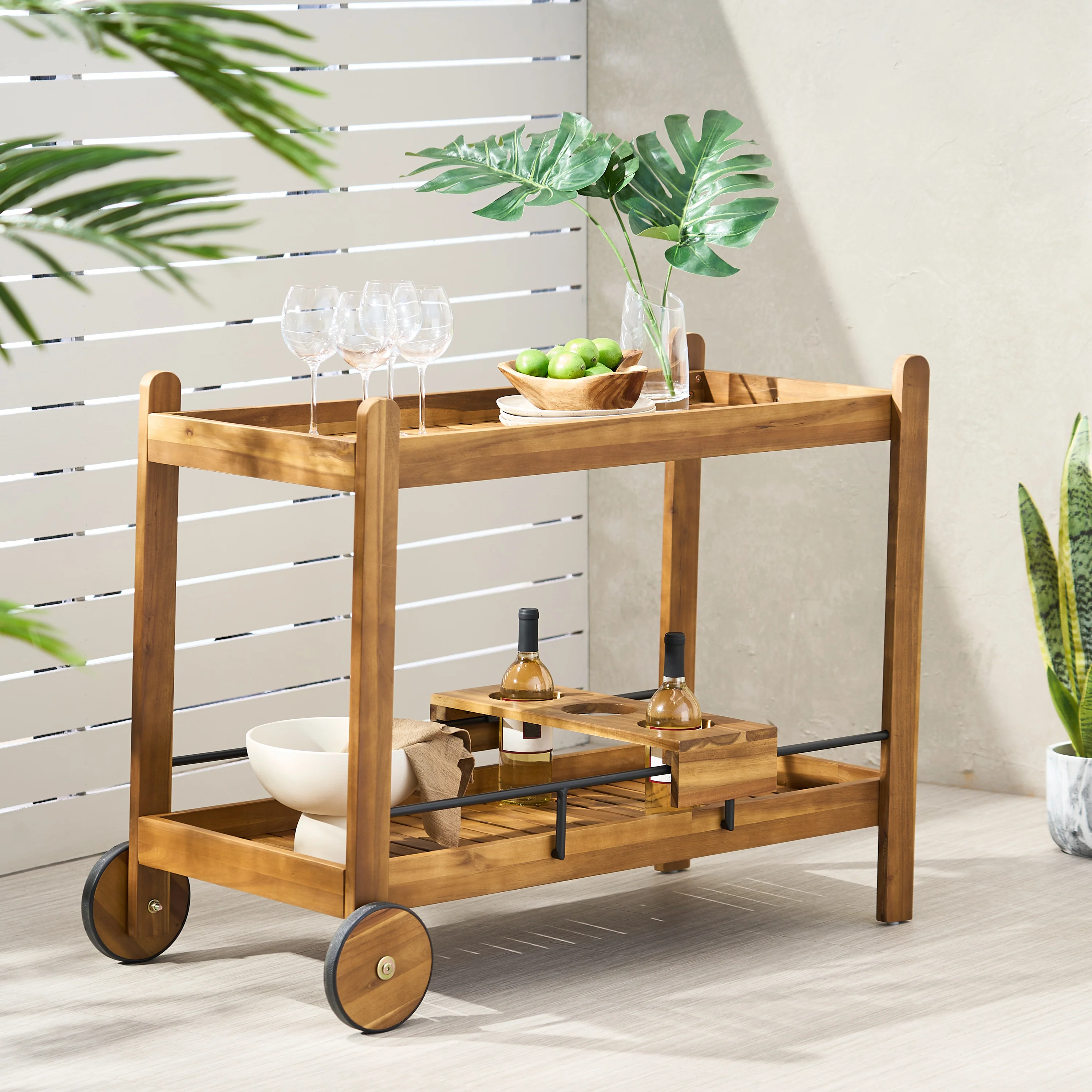 Walker Edison | Outdoor Patio Wood Bar Cart for Storage - Image 4