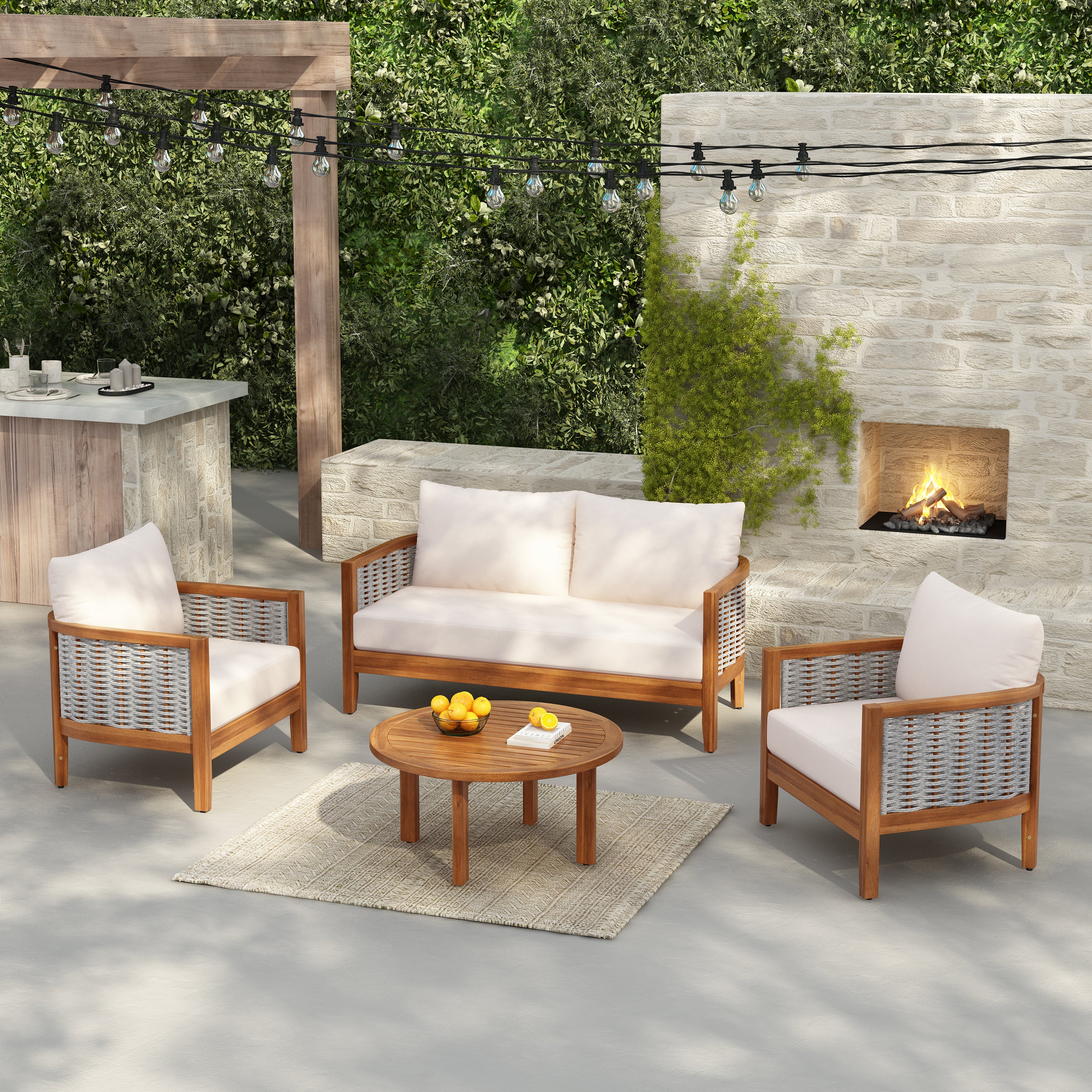 Outdoor Patio Woven Rope Tub Design 4 Seat Sofa Set with Soft Cushions & Table