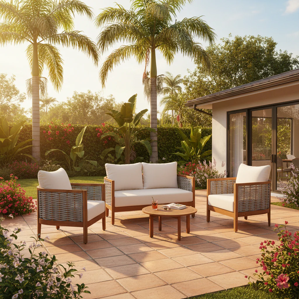 Outdoor Patio Woven Rope Tub Design 4 Seat Sofa Set with Soft Cushions & Table - Image 2