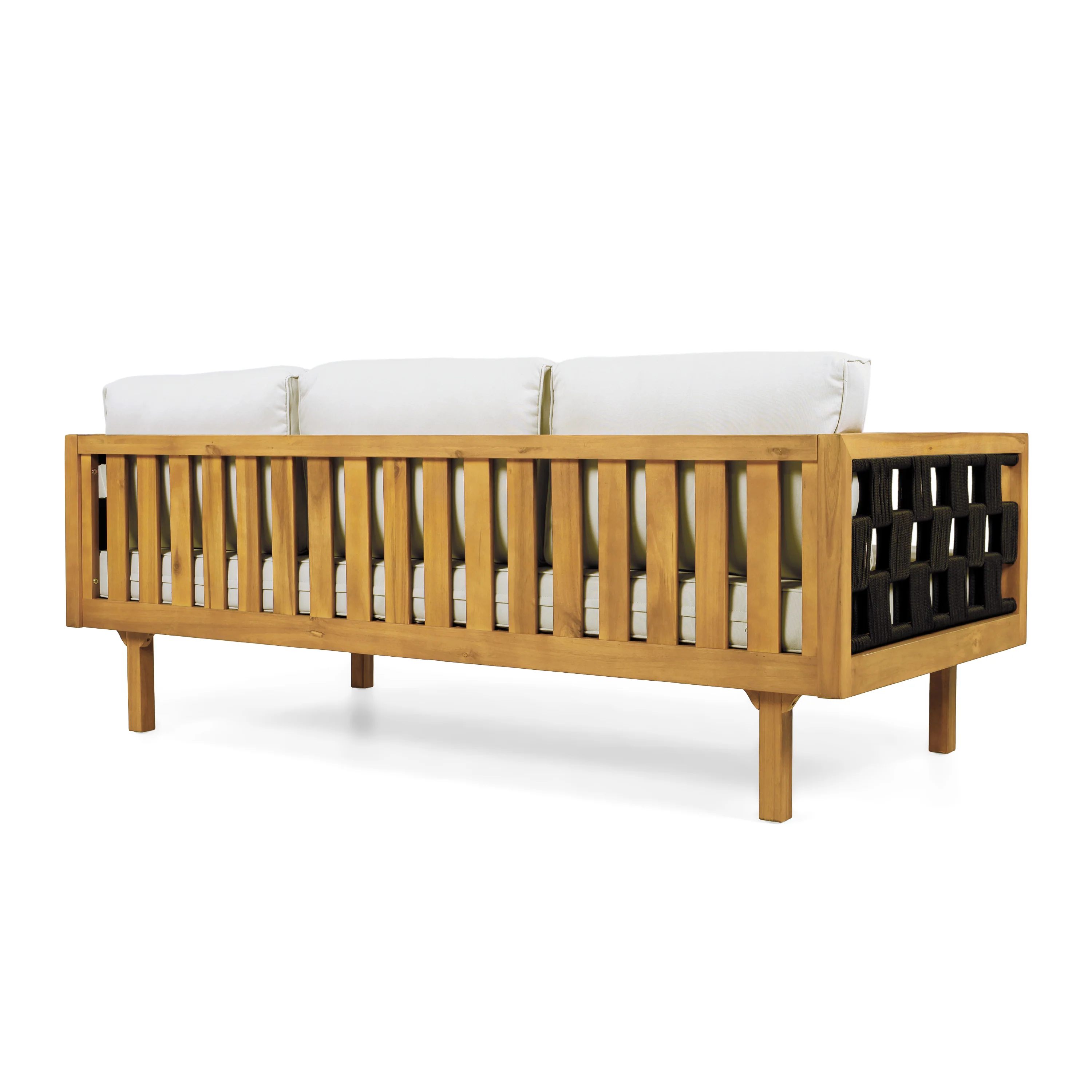 Outdoor Rope Detail Teak Wood 3 Seater Sofa Daybed Set with Light Grey Cushions & Table - Image 10