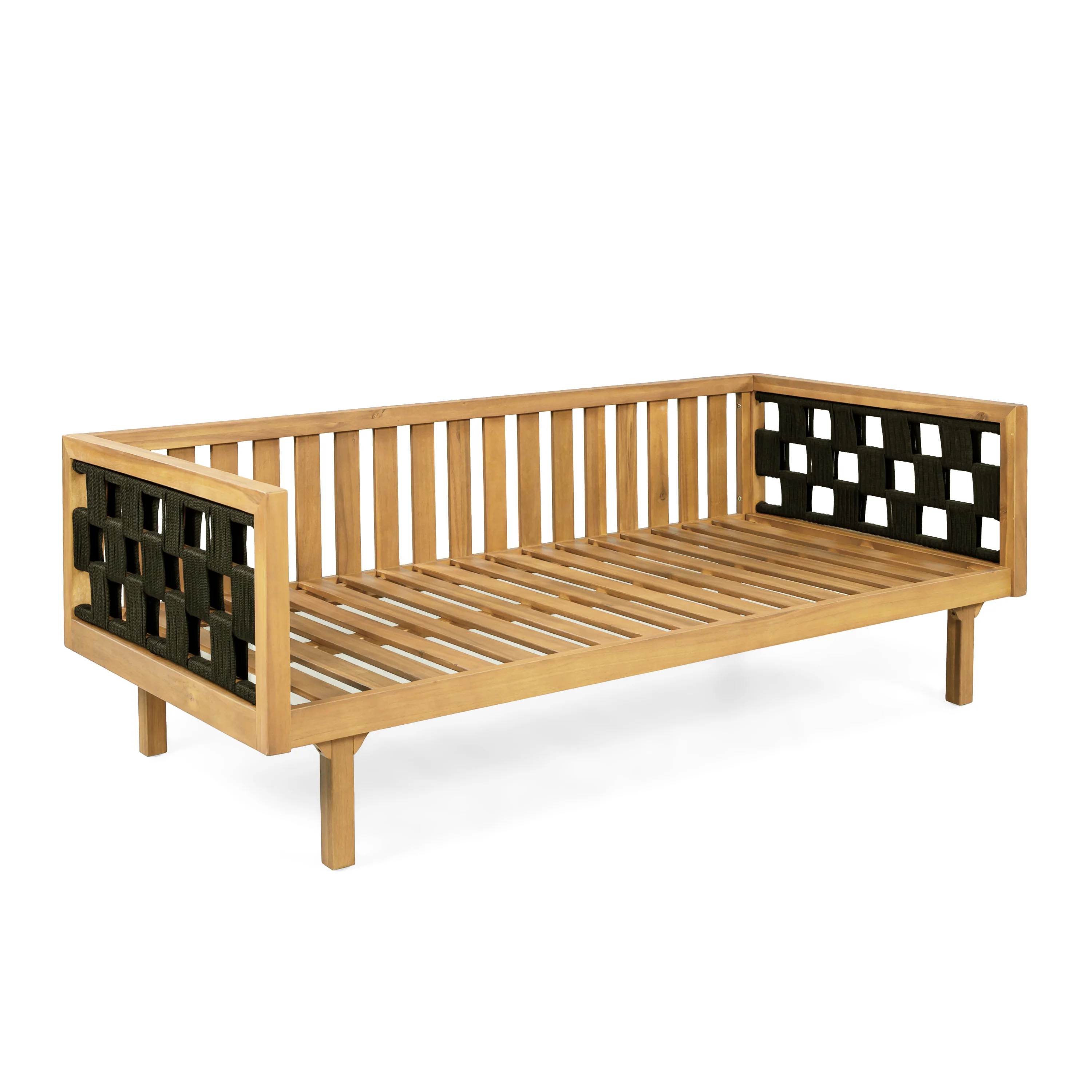 Outdoor Rope Detail Teak Wood 3 Seater Sofa Daybed Set with Light Grey Cushions & Table - Image 11