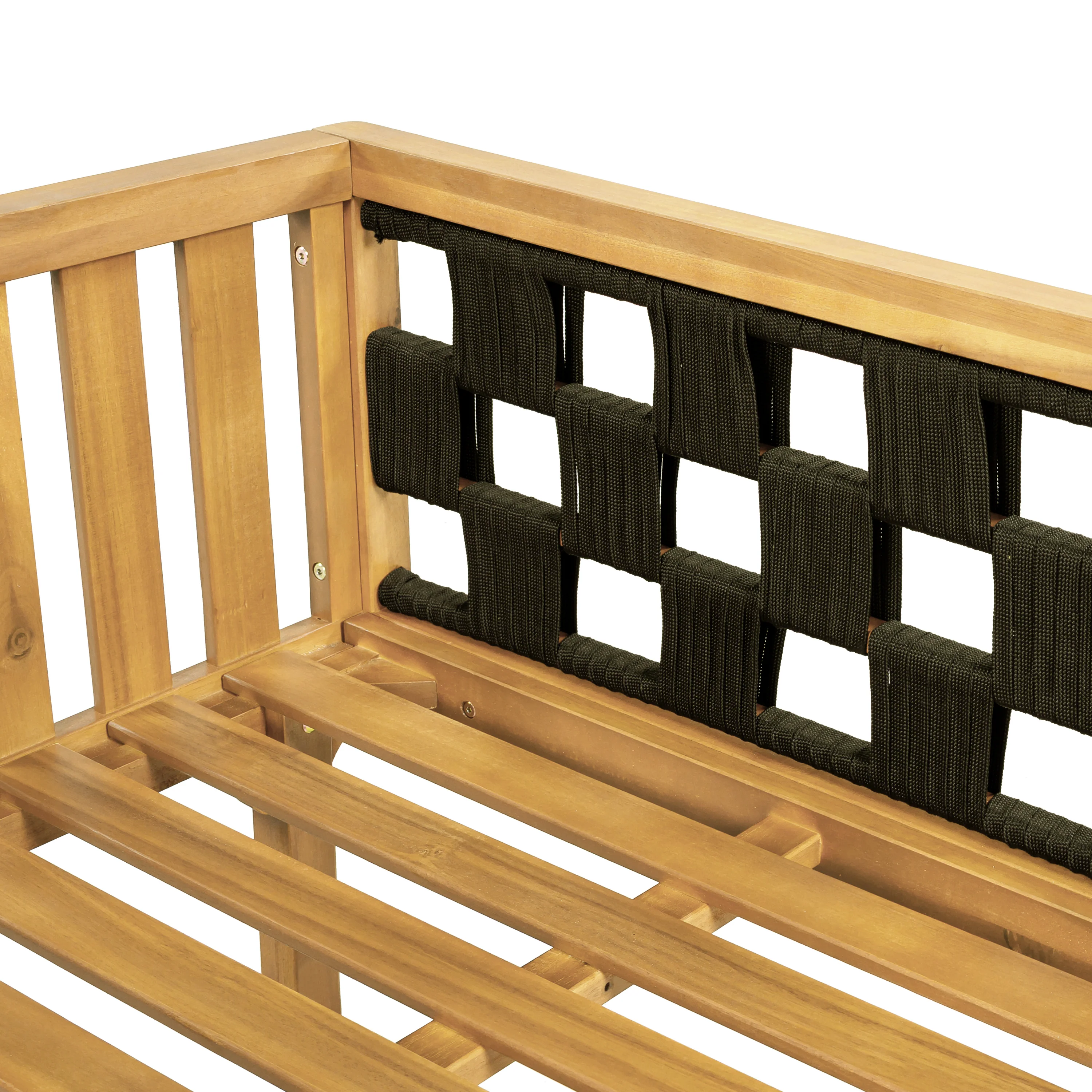 Outdoor Rope Detail Teak Wood 3 Seater Sofa Daybed Set with Light Grey Cushions & Table - Image 15