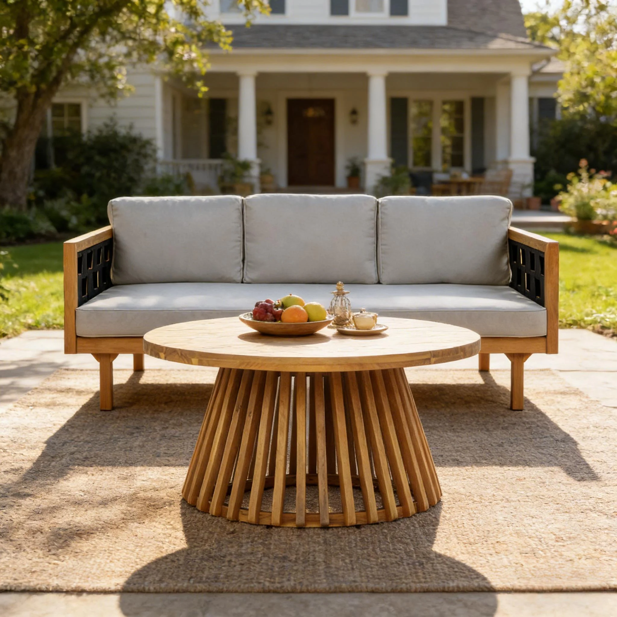 Outdoor Rope Detail Teak Wood 3 Seater Sofa Daybed Set with Light Grey Cushions & Table - Image 2
