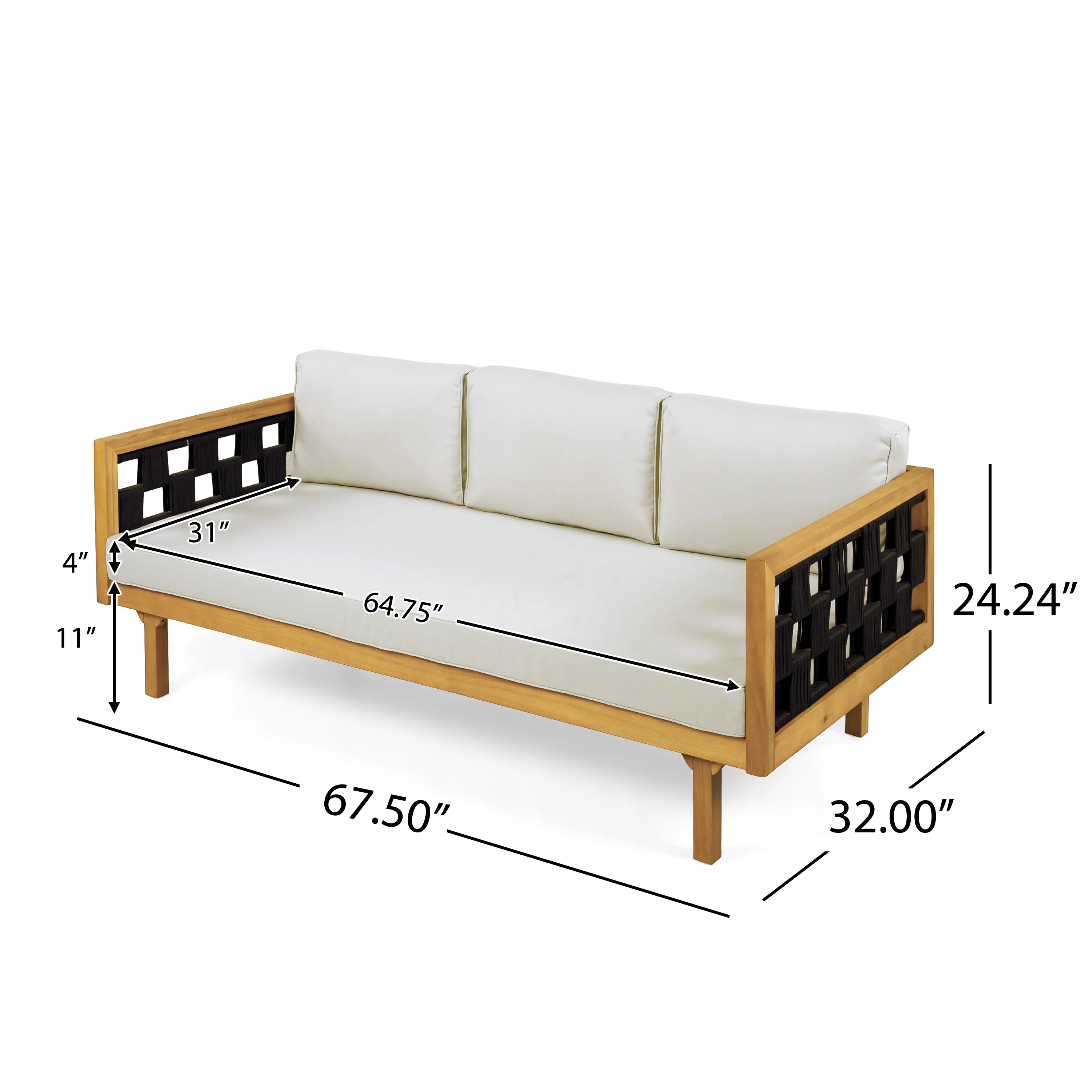 Outdoor Rope Detail Teak Wood 3 Seater Sofa Daybed Set with Light Grey Cushions & Table - Image 3