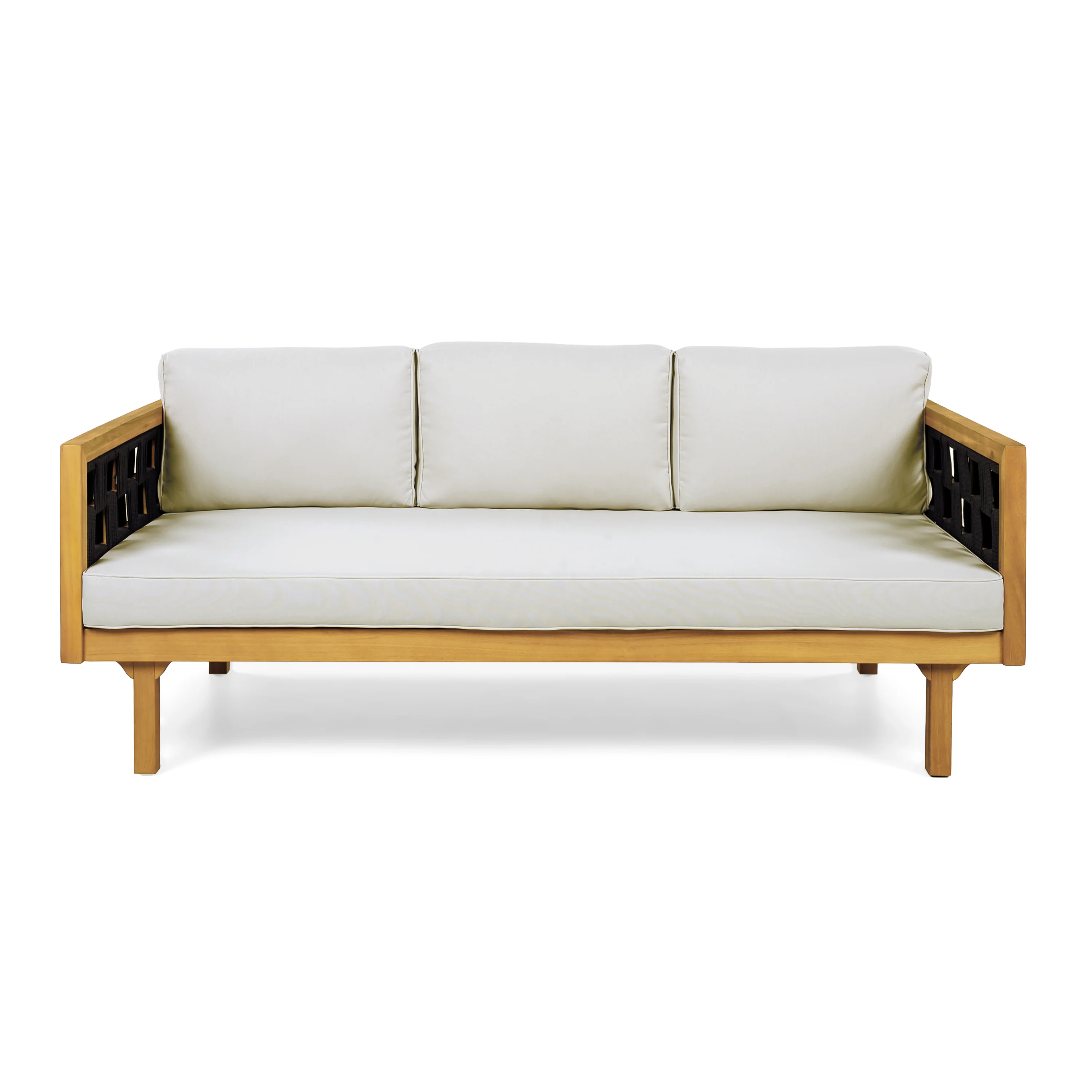 Outdoor Rope Detail Teak Wood 3 Seater Sofa Daybed Set with Light Grey Cushions & Table - Image 5