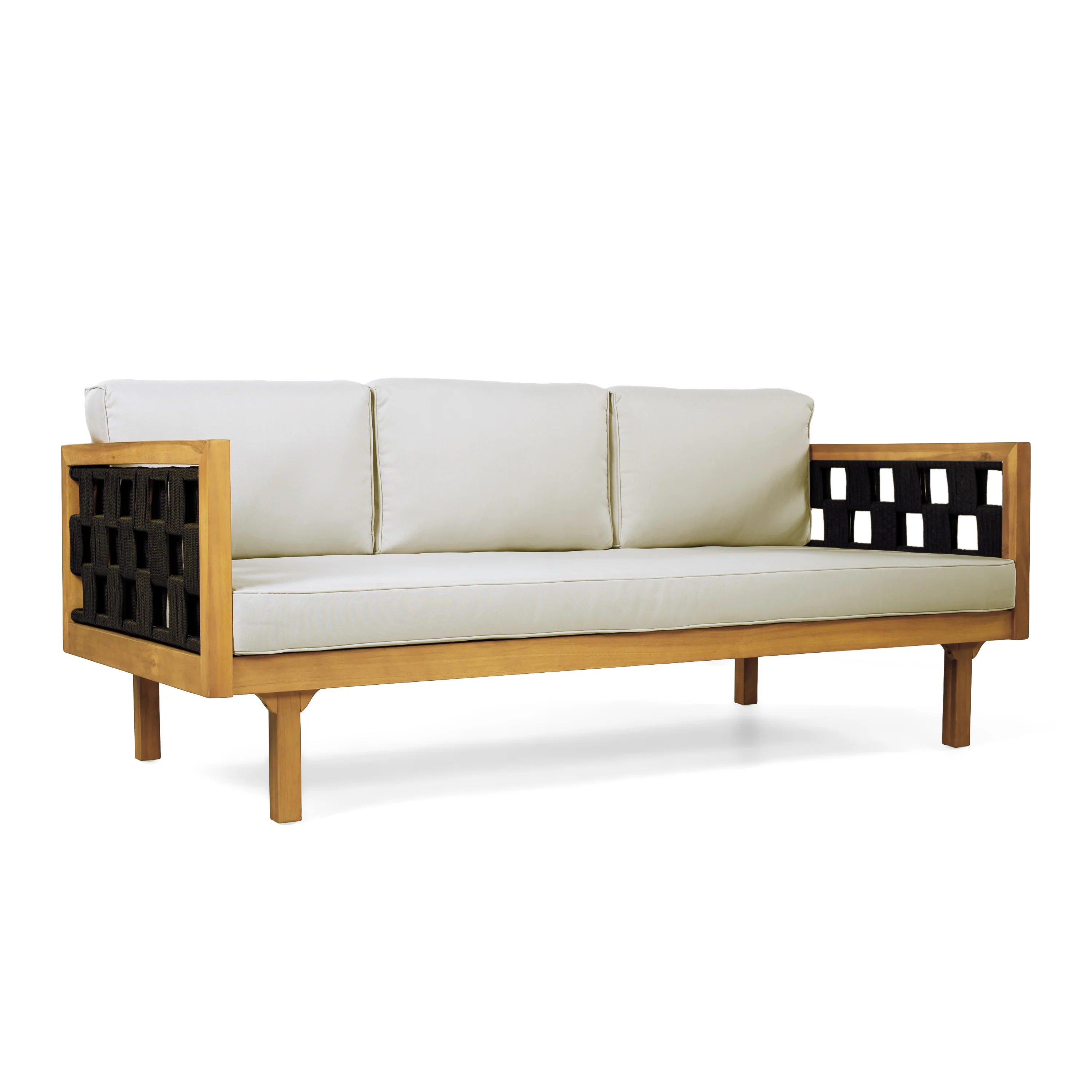 Outdoor Rope Detail Teak Wood 3 Seater Sofa Daybed Set with Light Grey Cushions & Table - Image 6