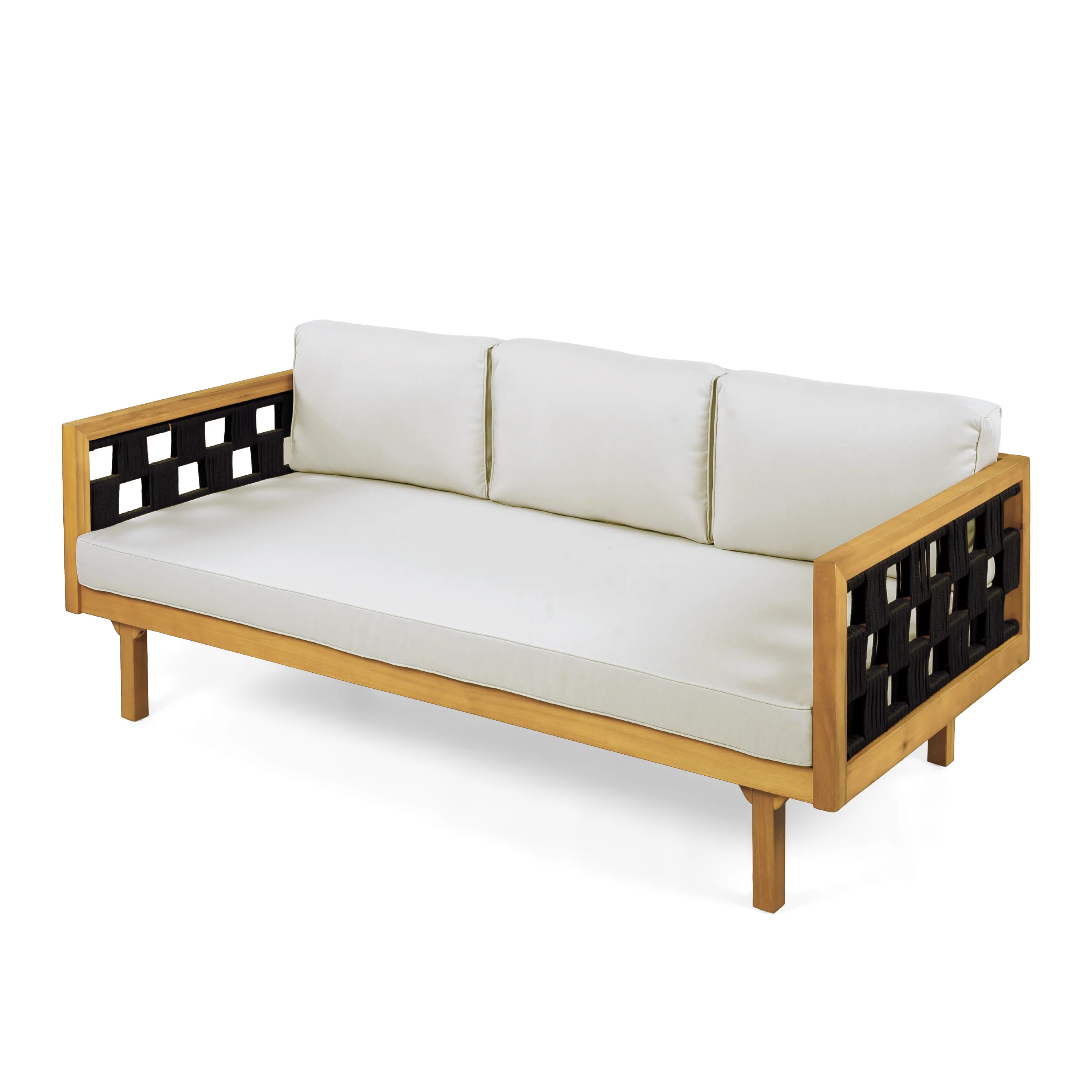 Outdoor Rope Detail Teak Wood 3 Seater Sofa Daybed Set with Light Grey Cushions & Table - Image 7