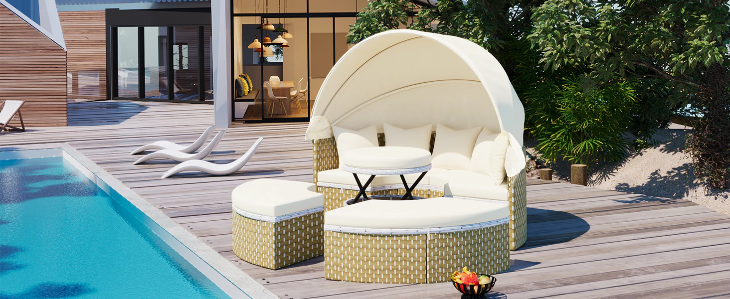 Walker Edison | Outdoor Round Modular Sunbed Sofa Set - Image 30