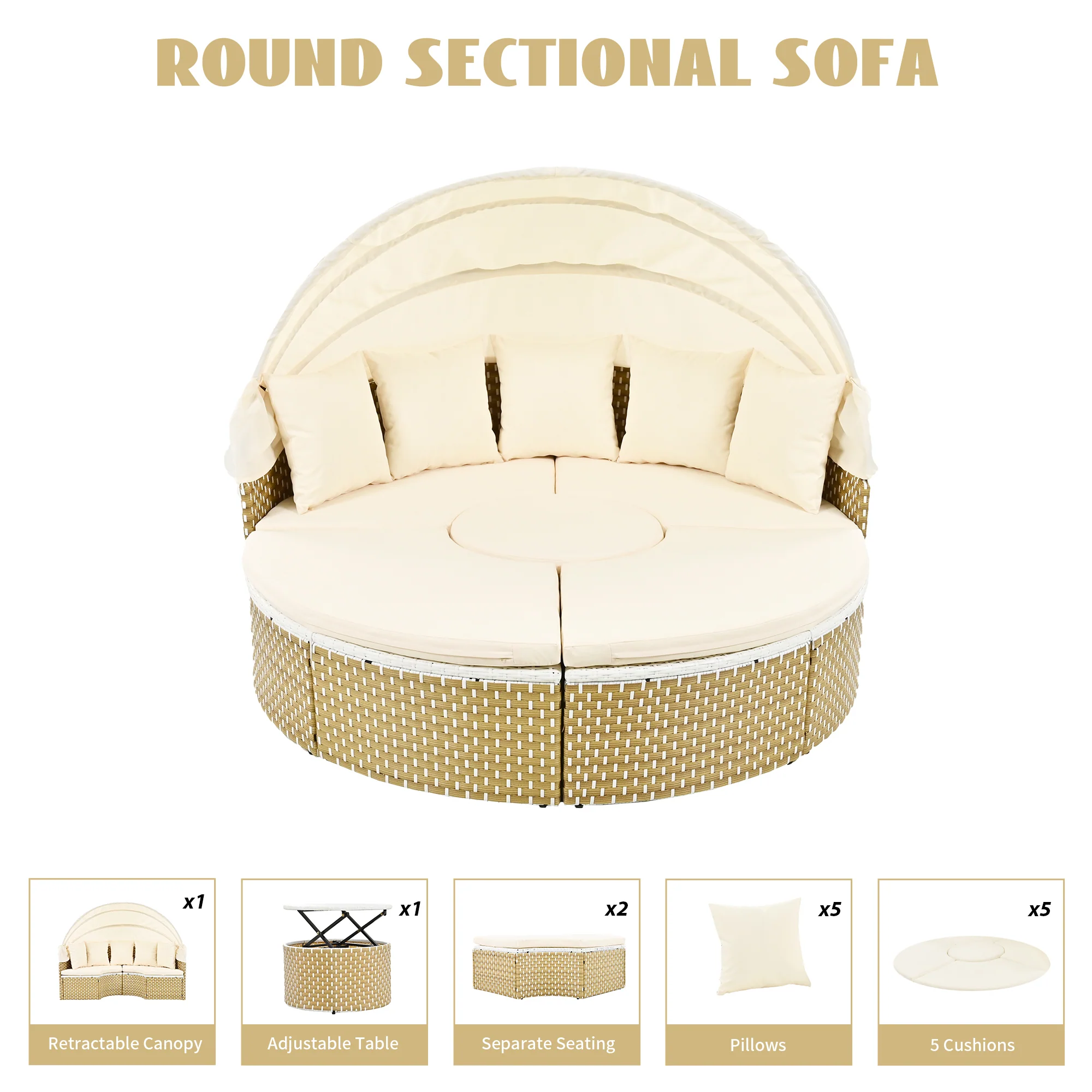 Walker Edison | Outdoor Round Modular Sunbed Sofa Set - Image 6