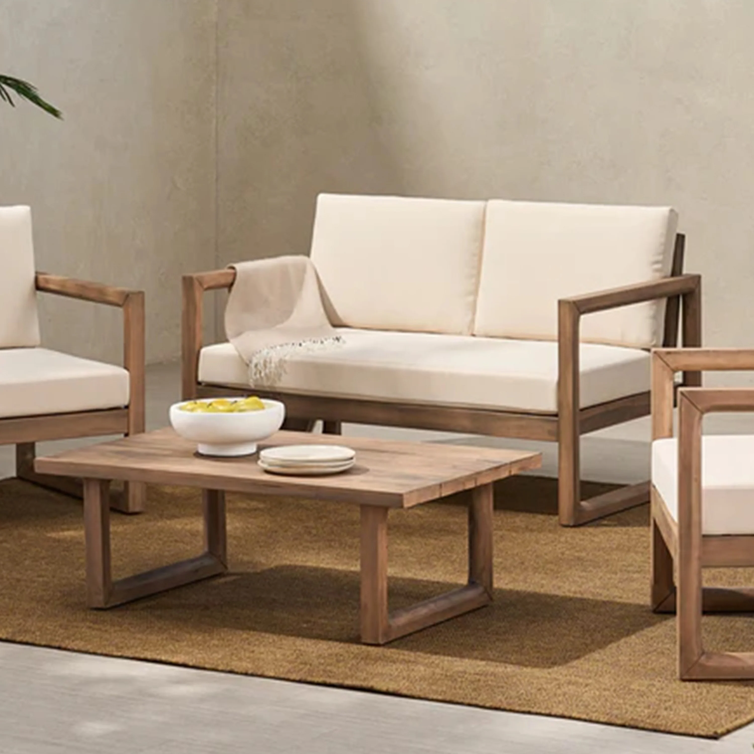 Outdoor Teak Wood Loveseat and Coffee Table Set with Cushions - Image 2