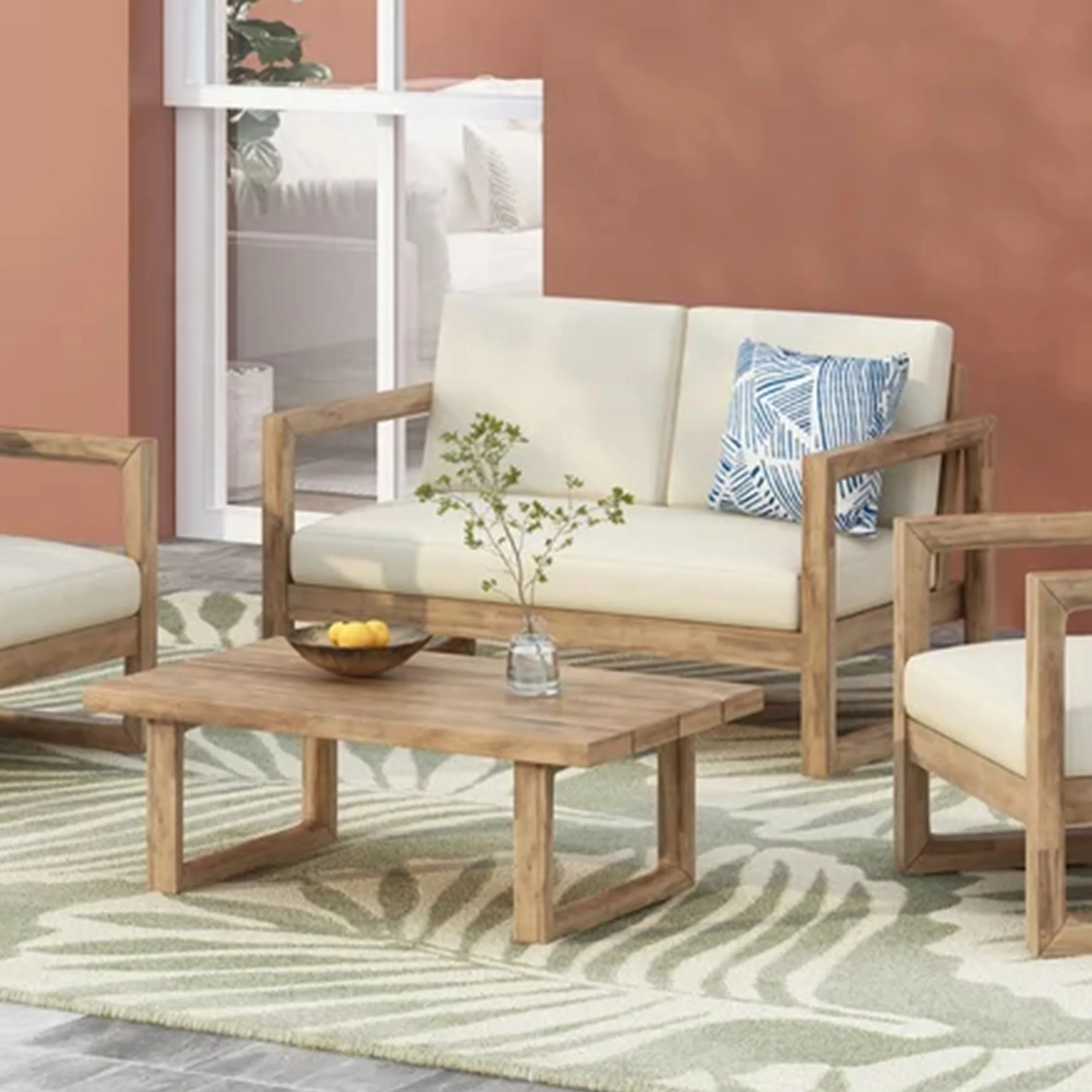 Outdoor Teak Wood Loveseat and Coffee Table Set with Cushions - Image 3