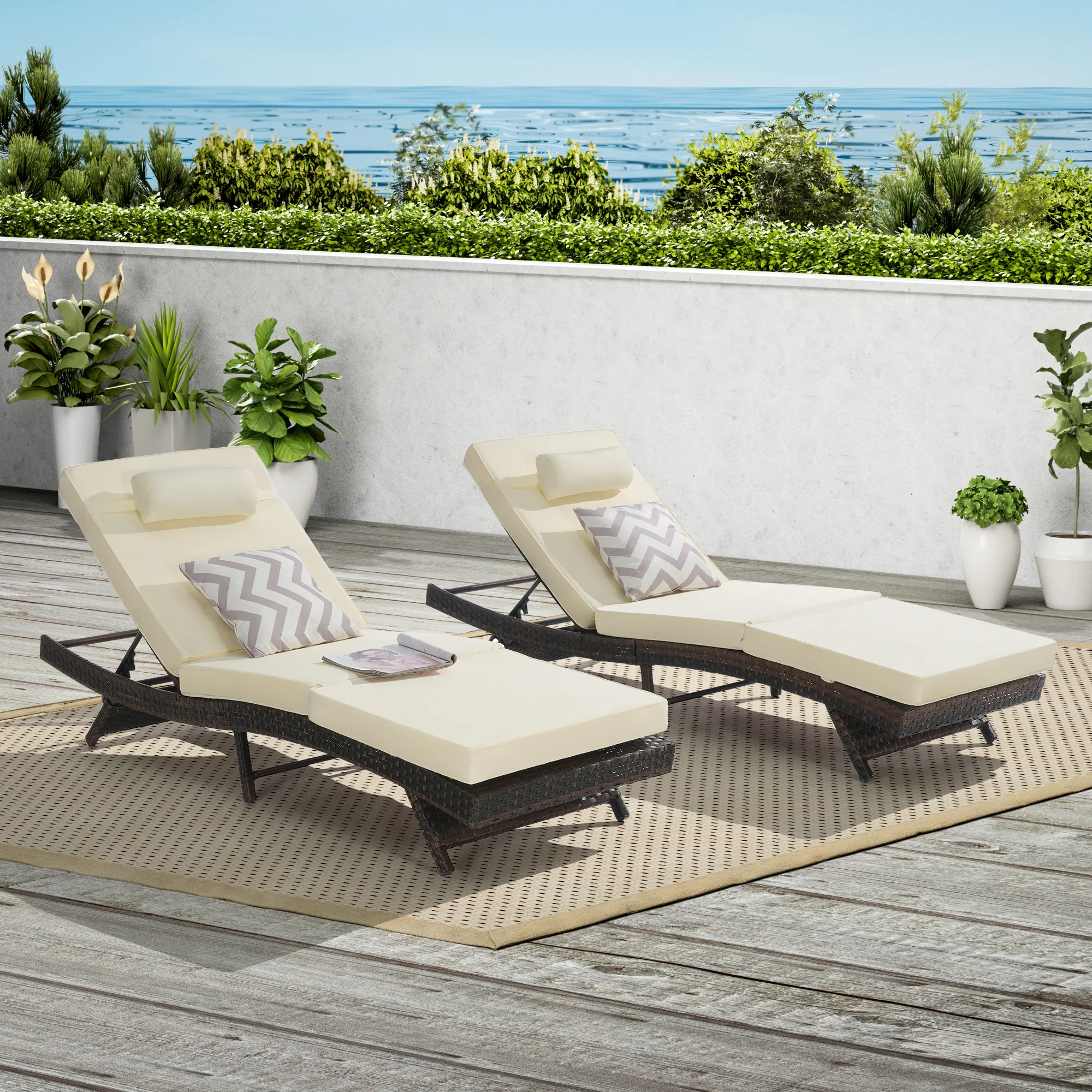 Walker Edison | Outdoor Wicker Long Reclining Chair Set of 2