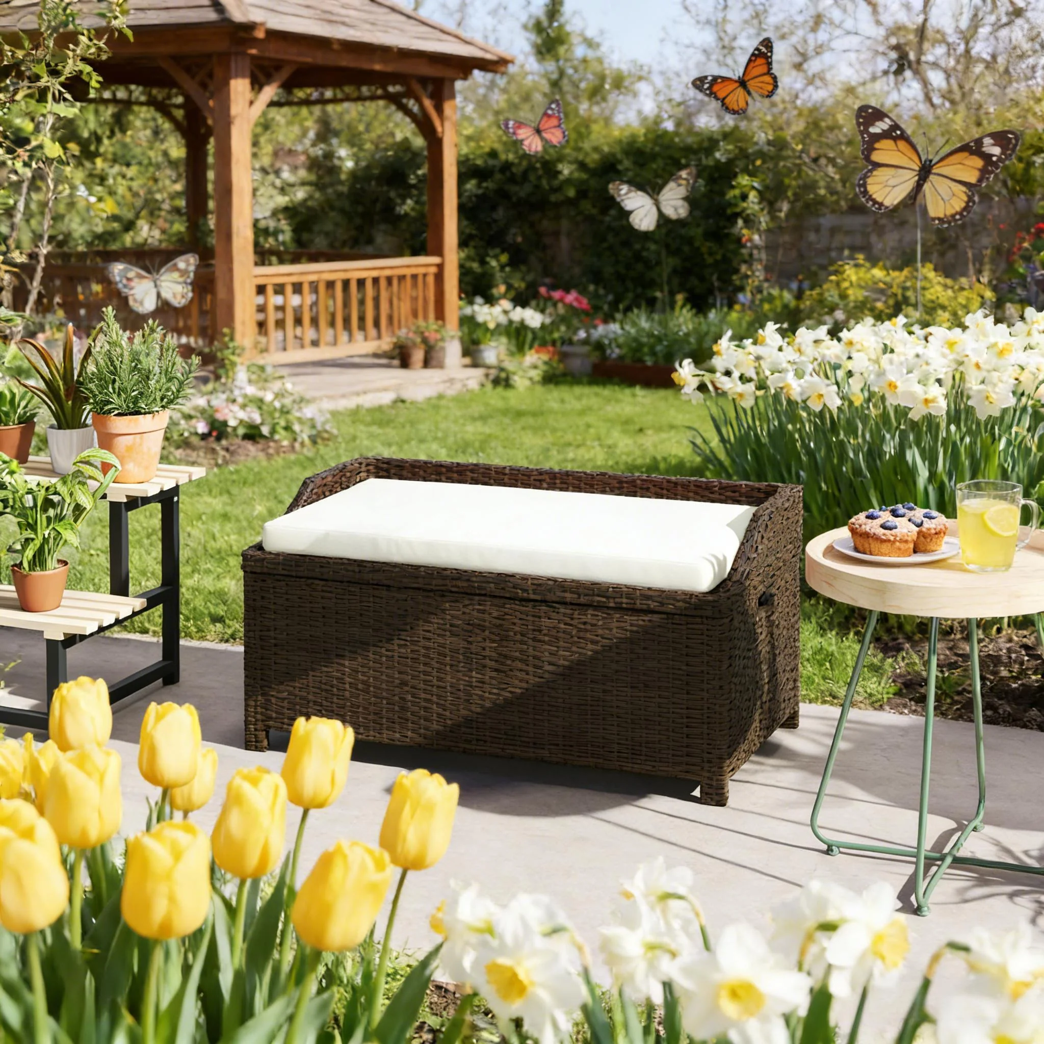 Outdoor Wicker Storage Bench with Cushion