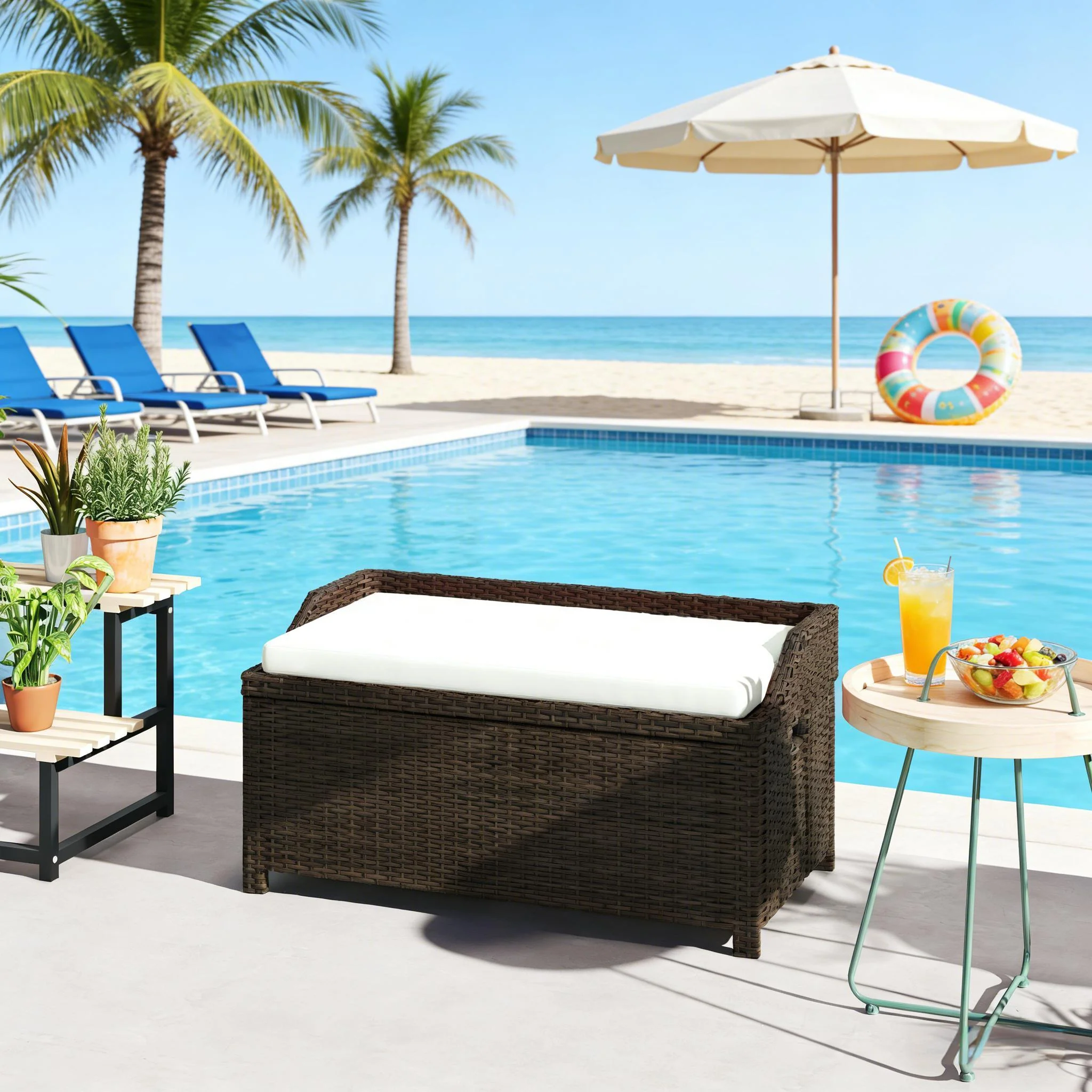 Outdoor Wicker Storage Bench with Cushion - Image 2