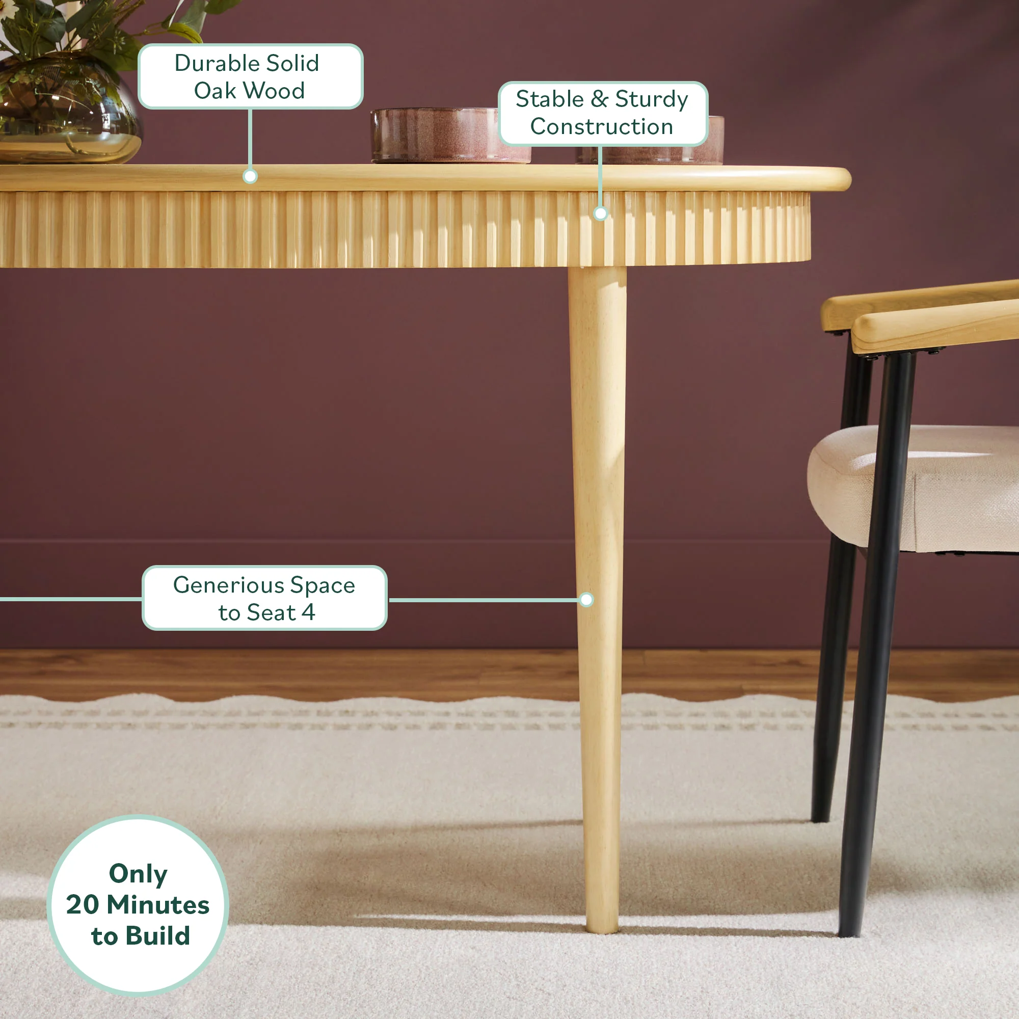 Samantha Modern Fluted Wooden 52" Oval Dining Table - Image 6