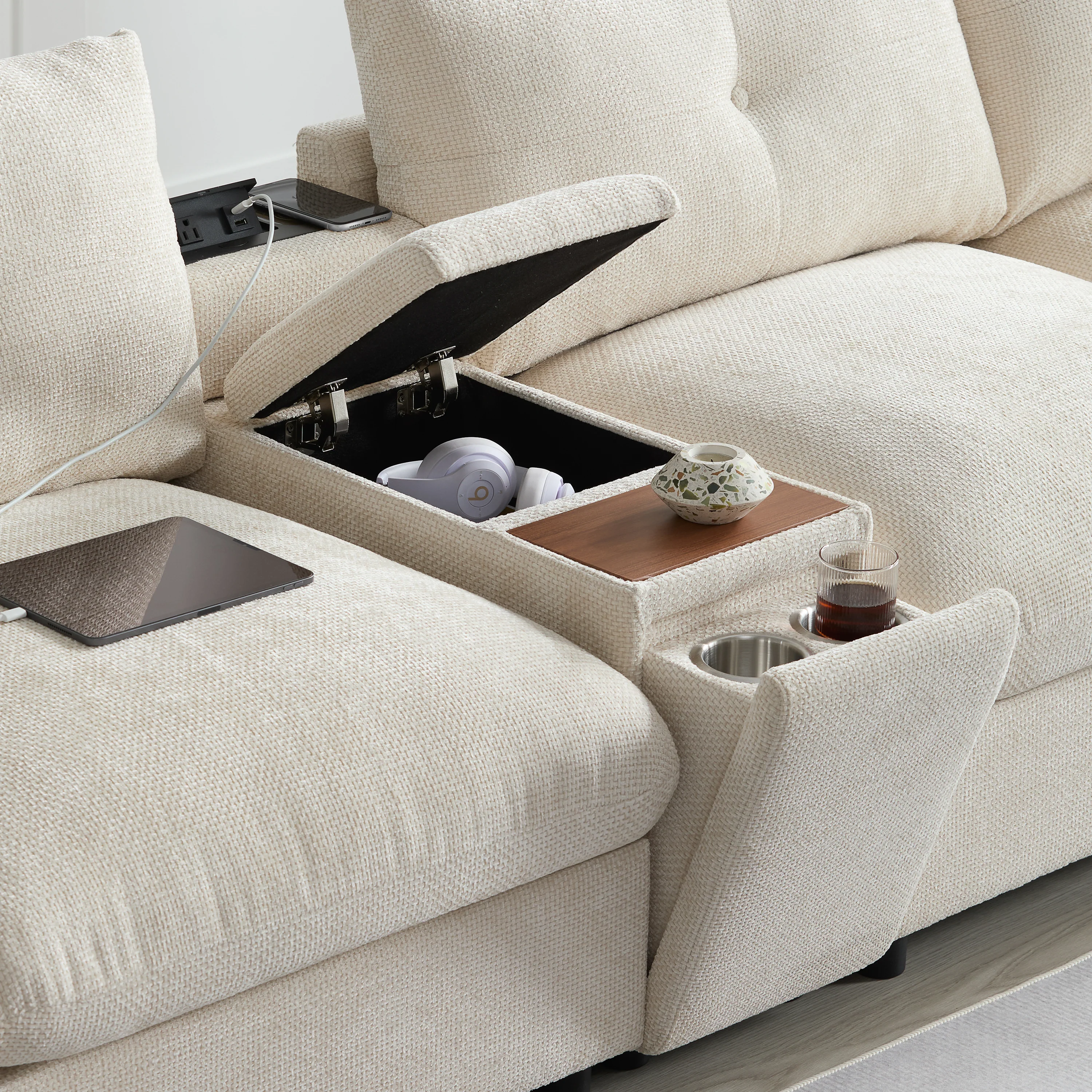 Oversized Chenille Modular Sectional Sofa with Console and Two Storage Ottomans - Image 12