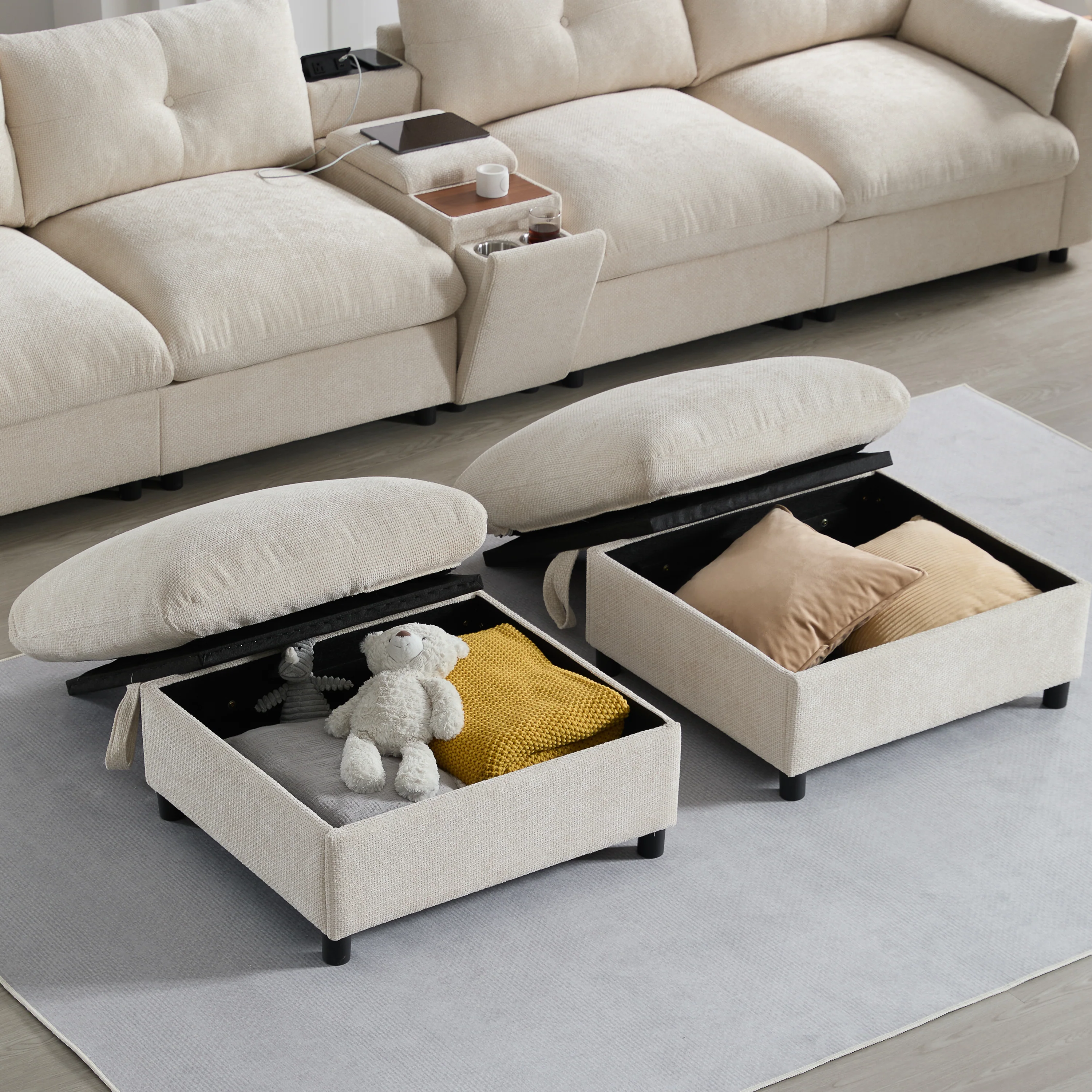 Oversized Chenille Modular Sectional Sofa with Console and Two Storage Ottomans - Image 14
