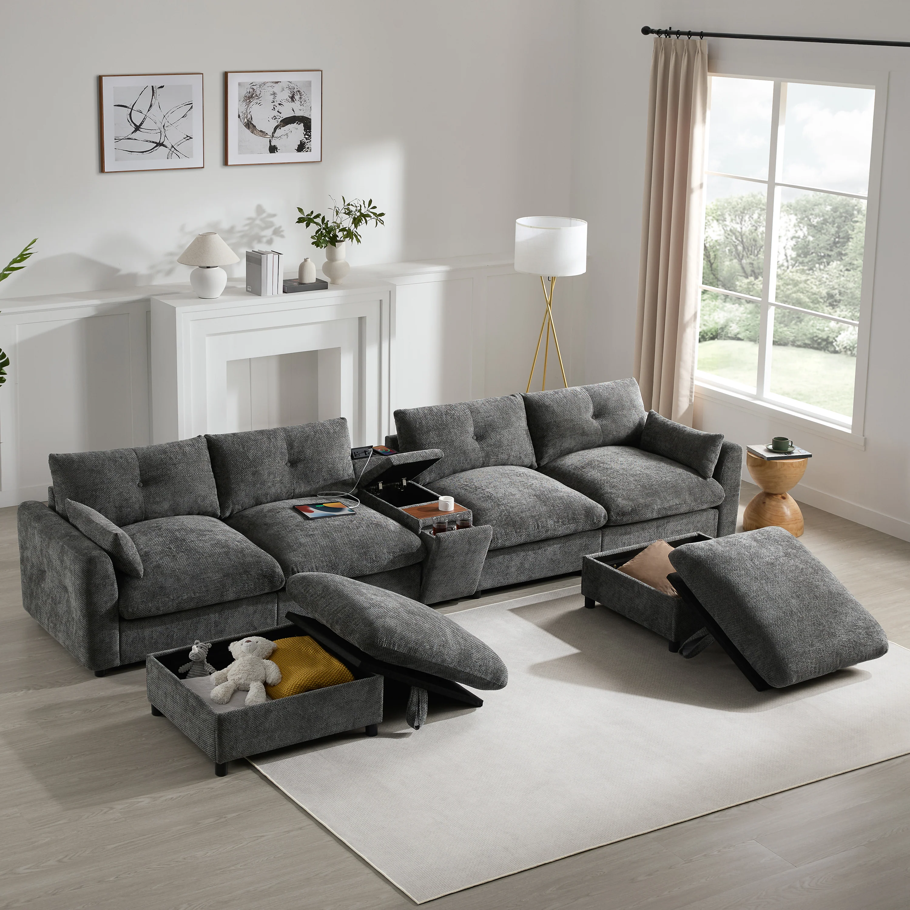 Oversized Chenille Modular Sectional Sofa with Console and Two Storage Ottomans - Image 2