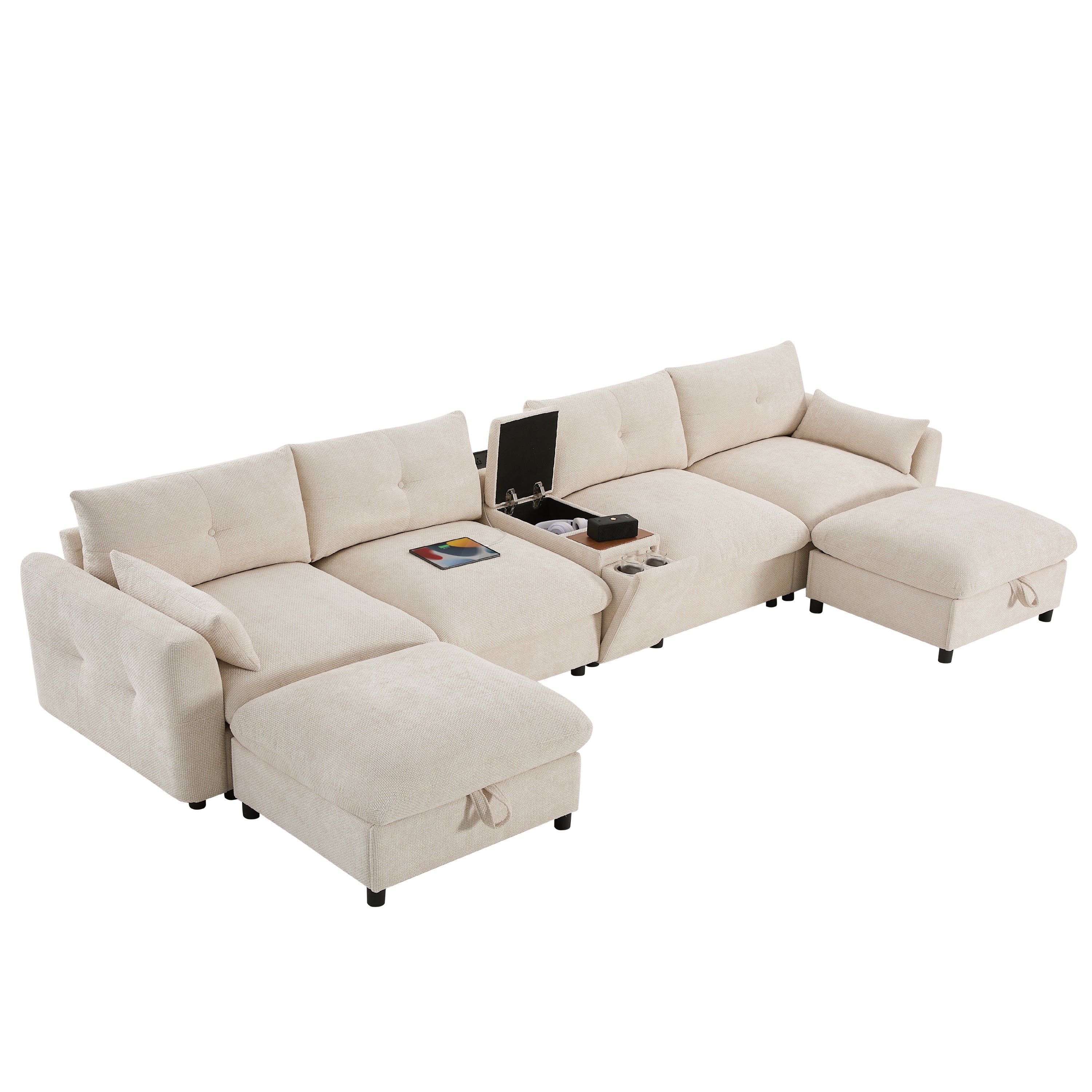 Oversized Chenille Modular Sectional Sofa with Console and Two Storage Ottomans - Image 20