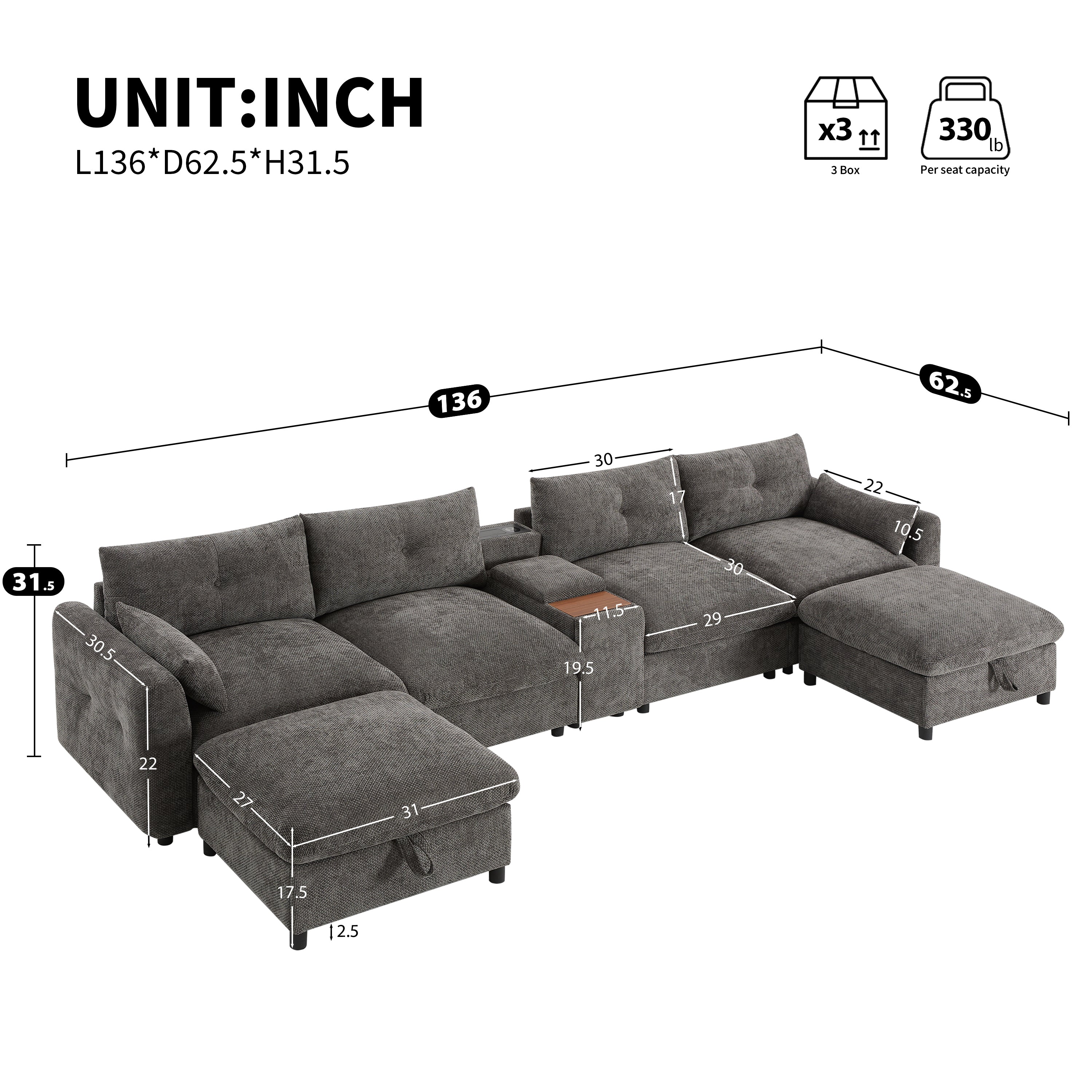 Oversized Chenille Modular Sectional Sofa with Console and Two Storage Ottomans - Image 23