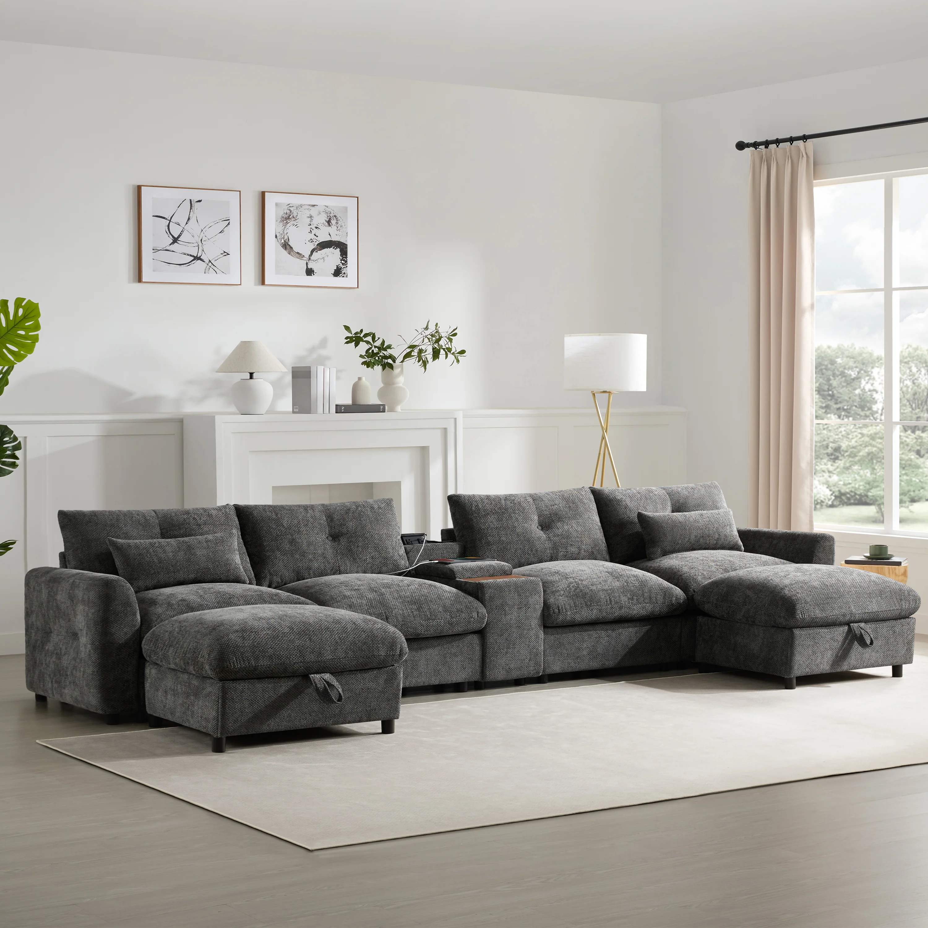 Oversized Chenille Modular Sectional Sofa with Console and Two Storage Ottomans - Image 24