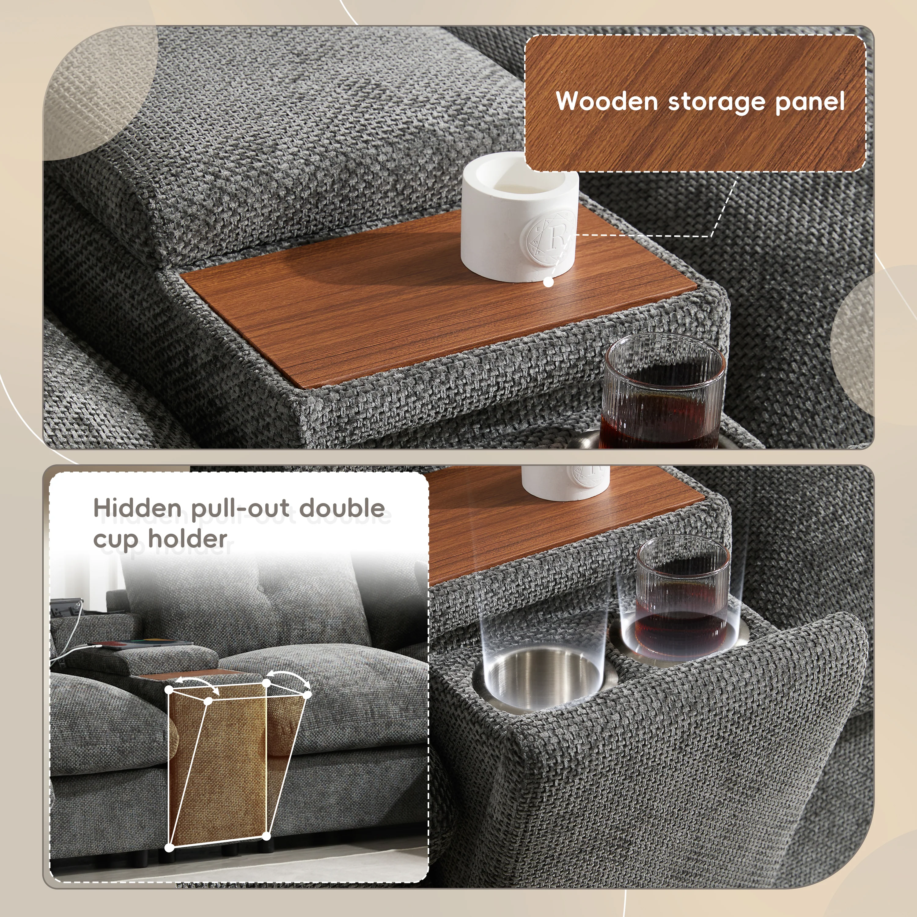 Oversized Chenille Modular Sectional Sofa with Console and Two Storage Ottomans - Image 25