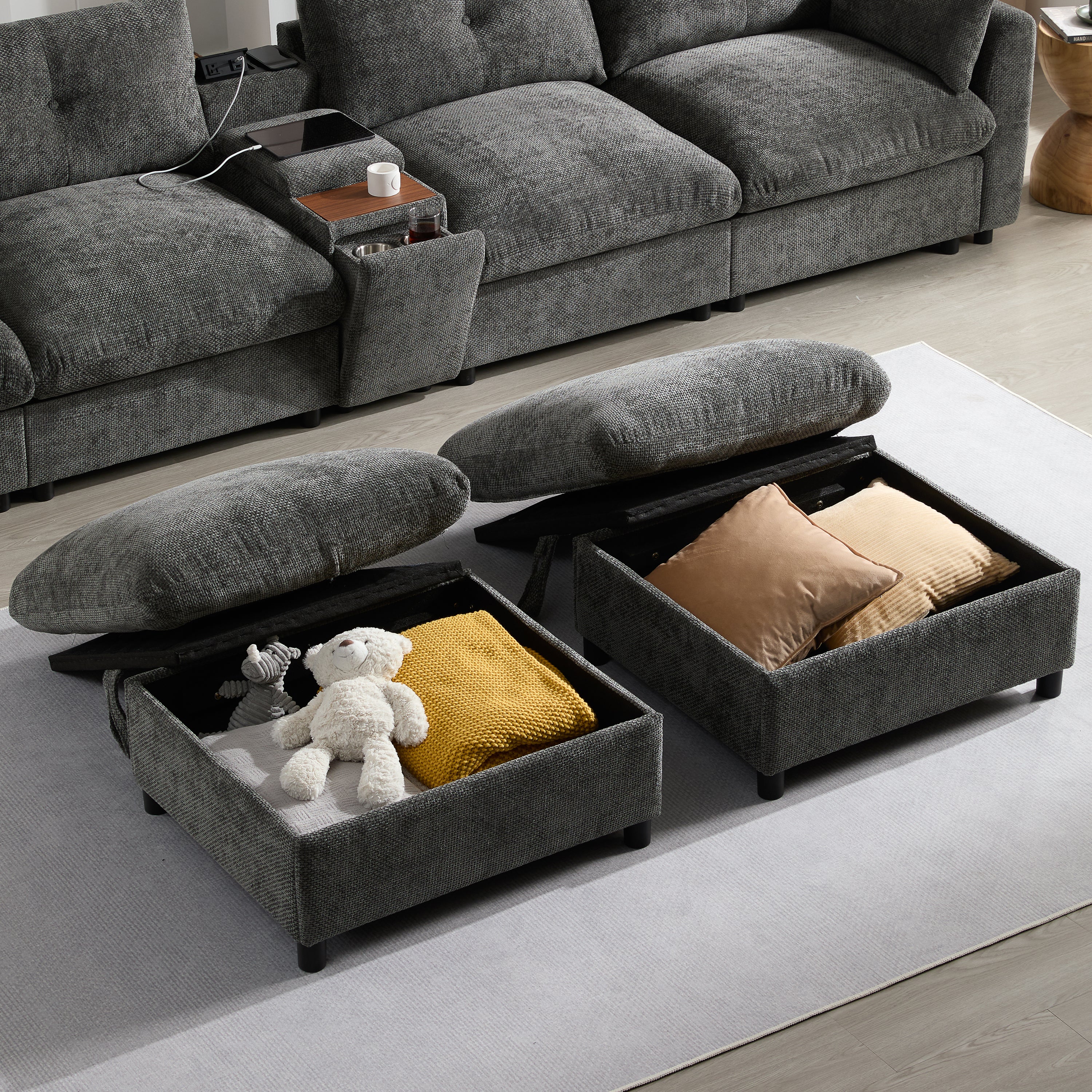 Oversized Chenille Modular Sectional Sofa with Console and Two Storage Ottomans - Image 27