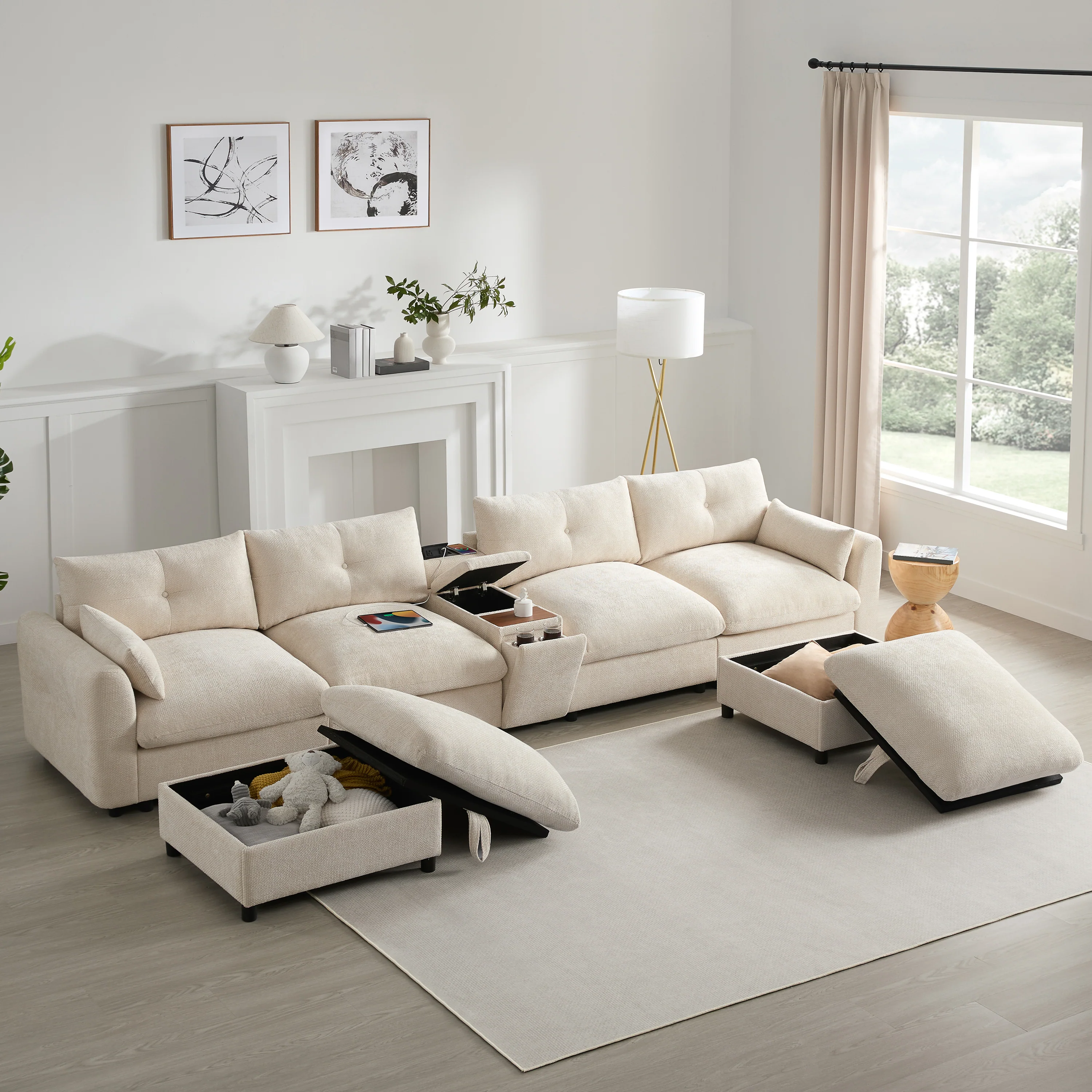 Oversized Chenille Modular Sectional Sofa with Console and Two Storage Ottomans - Image 3