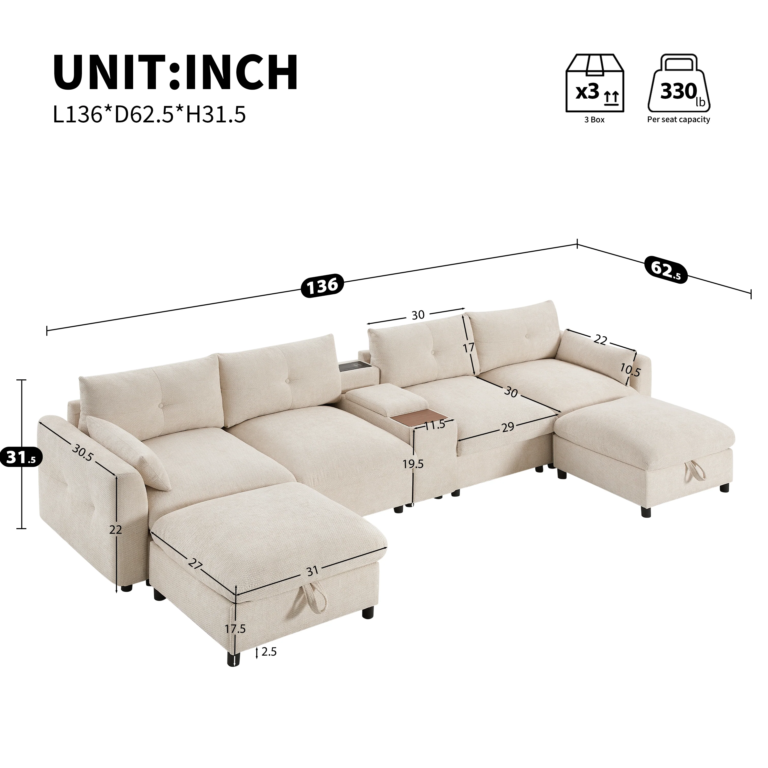 Oversized Chenille Modular Sectional Sofa with Console and Two Storage Ottomans - Image 4