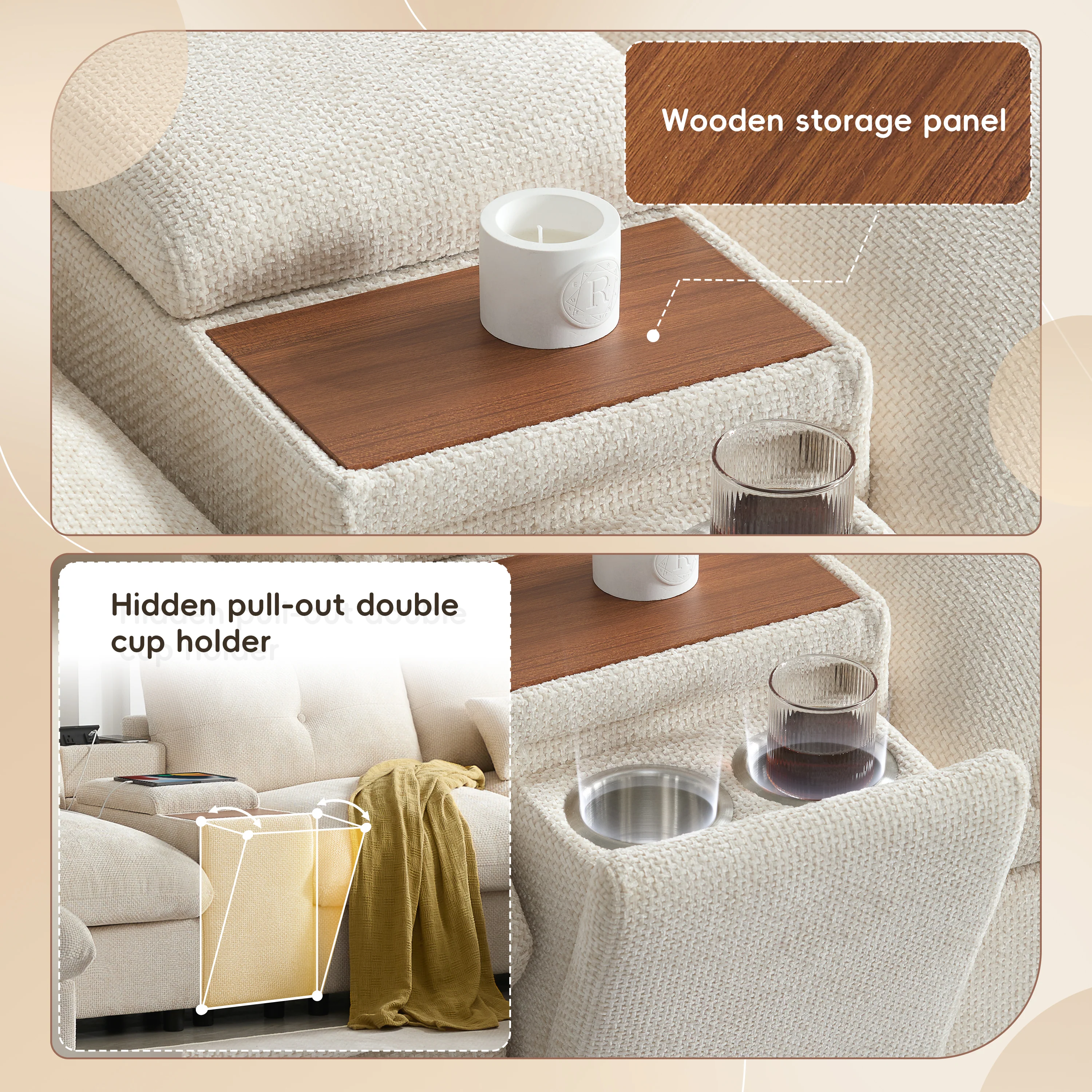 Oversized Chenille Modular Sectional Sofa with Console and Two Storage Ottomans - Image 5