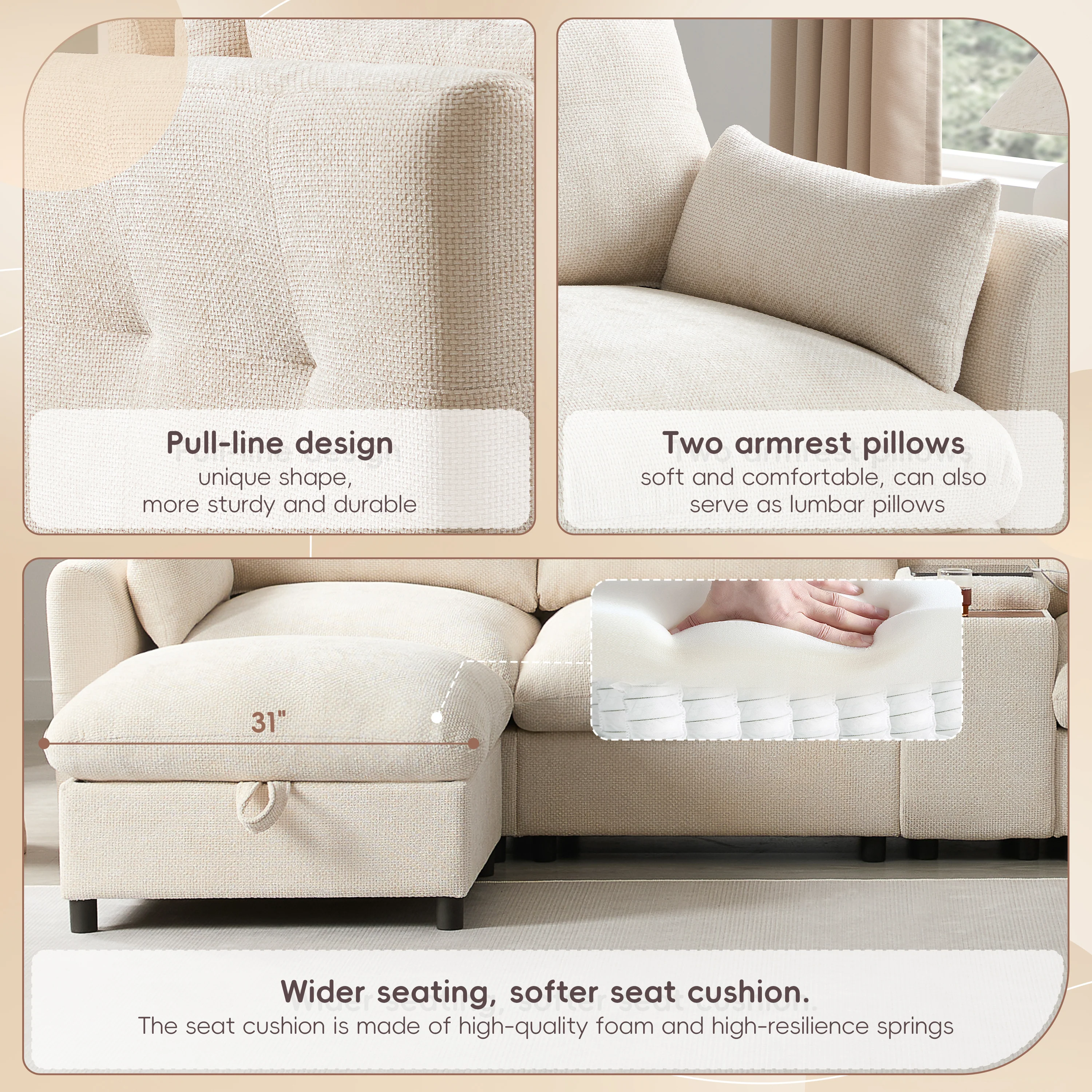 Oversized Chenille Modular Sectional Sofa with Console and Two Storage Ottomans - Image 7
