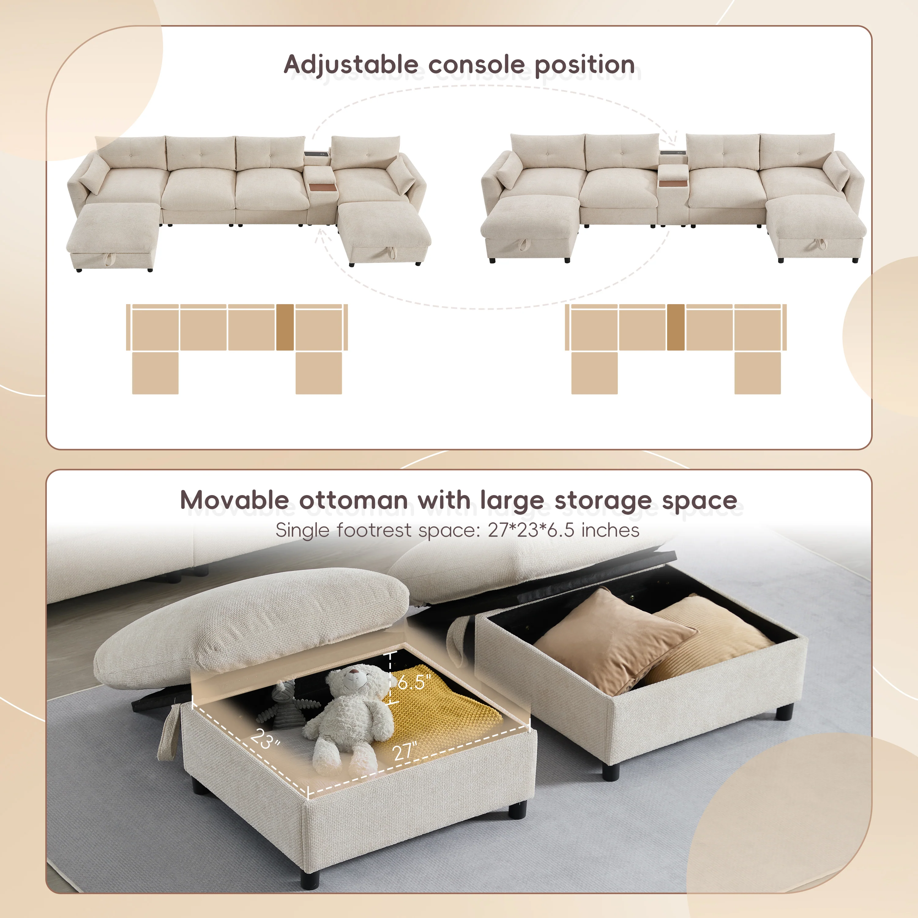 Oversized Chenille Modular Sectional Sofa with Console and Two Storage Ottomans - Image 8
