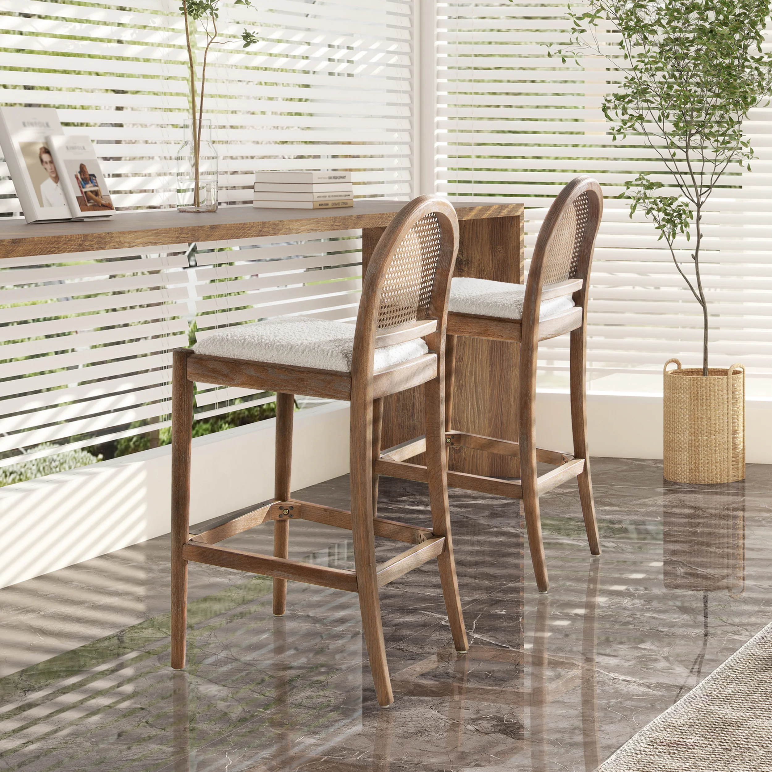 Panama Boucle 30.5' Curved Back Cane Rattan Bar Stool, Set of 2 - Image 3